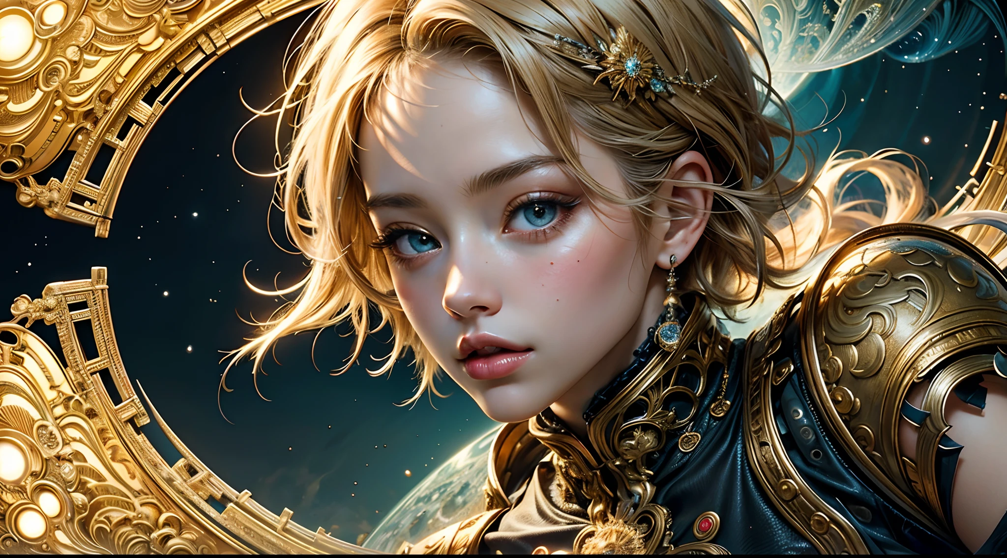 "((Girl)) in a surreal landscape, surrounded by shimmering ((bubbles)), a futuristic ((car)) parked nearby, otherworldly atmosphere, fantasy setting, magical hues, enchanting scene, ((golden hour)).