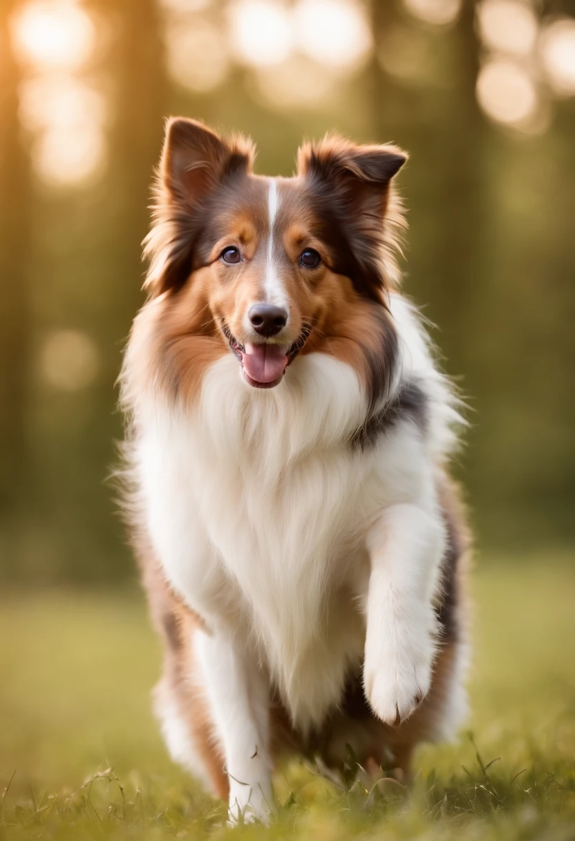 Crie uma imagem de um shetland sheepdog no colo de uma crianca feliz