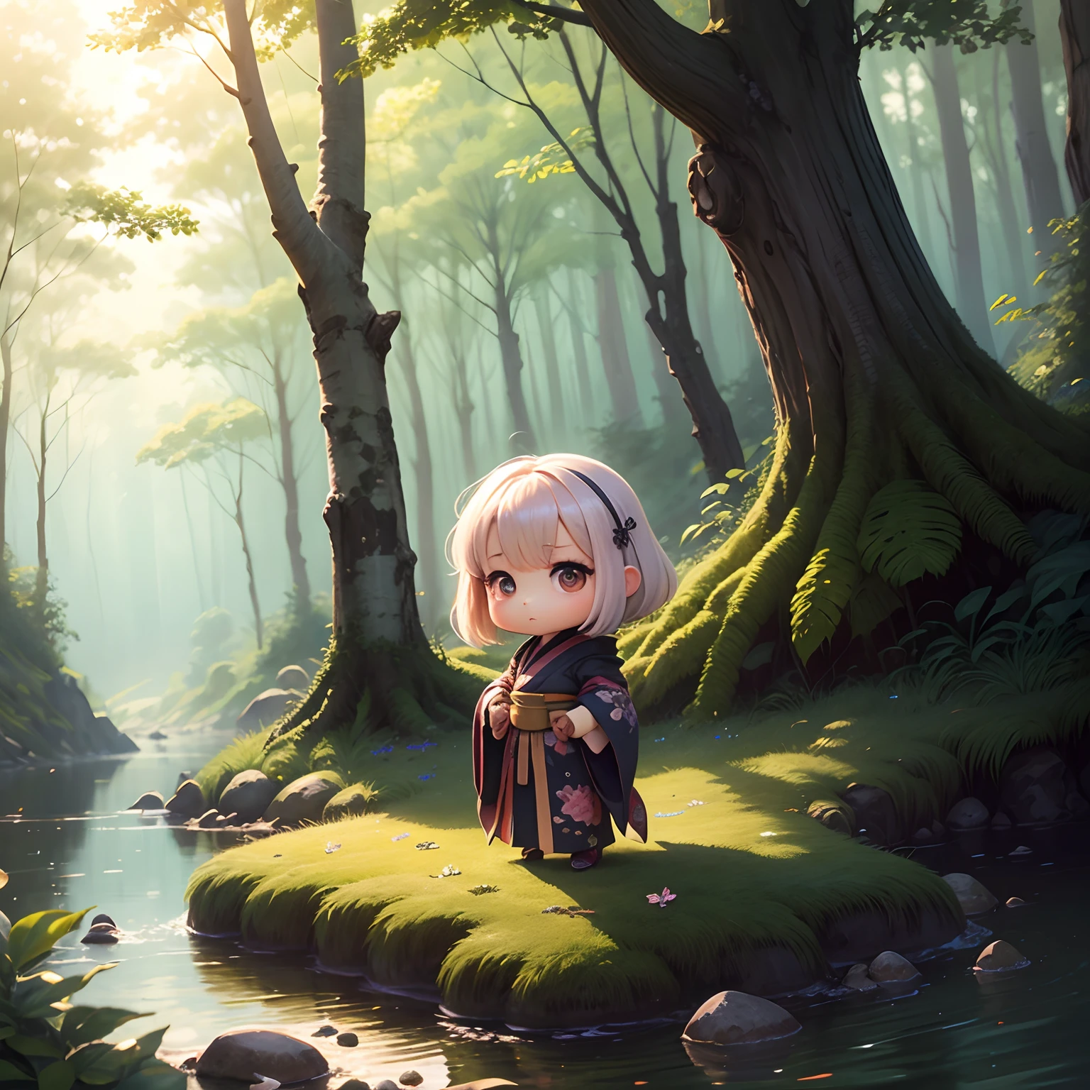 masterpiece、top-quality、ultra-detailliert、(Chibi Chara Folktales:1.2)、Old Lady、Solo、Dark Kimono、Laundry basket、Fairytale forest river、Big Peach、