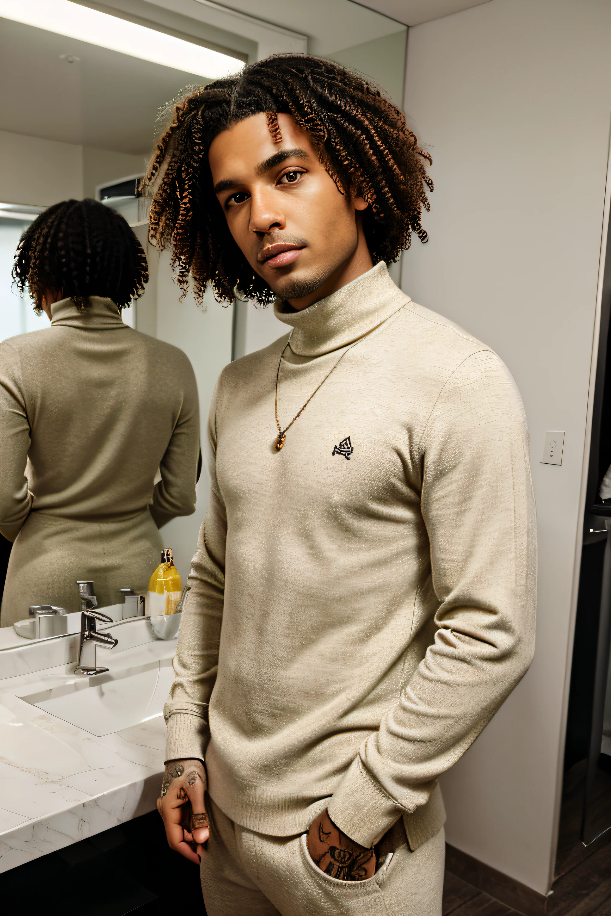 a whute man with one tattoo one his left hand in a dressing room, turtle neck outfit, curly hair