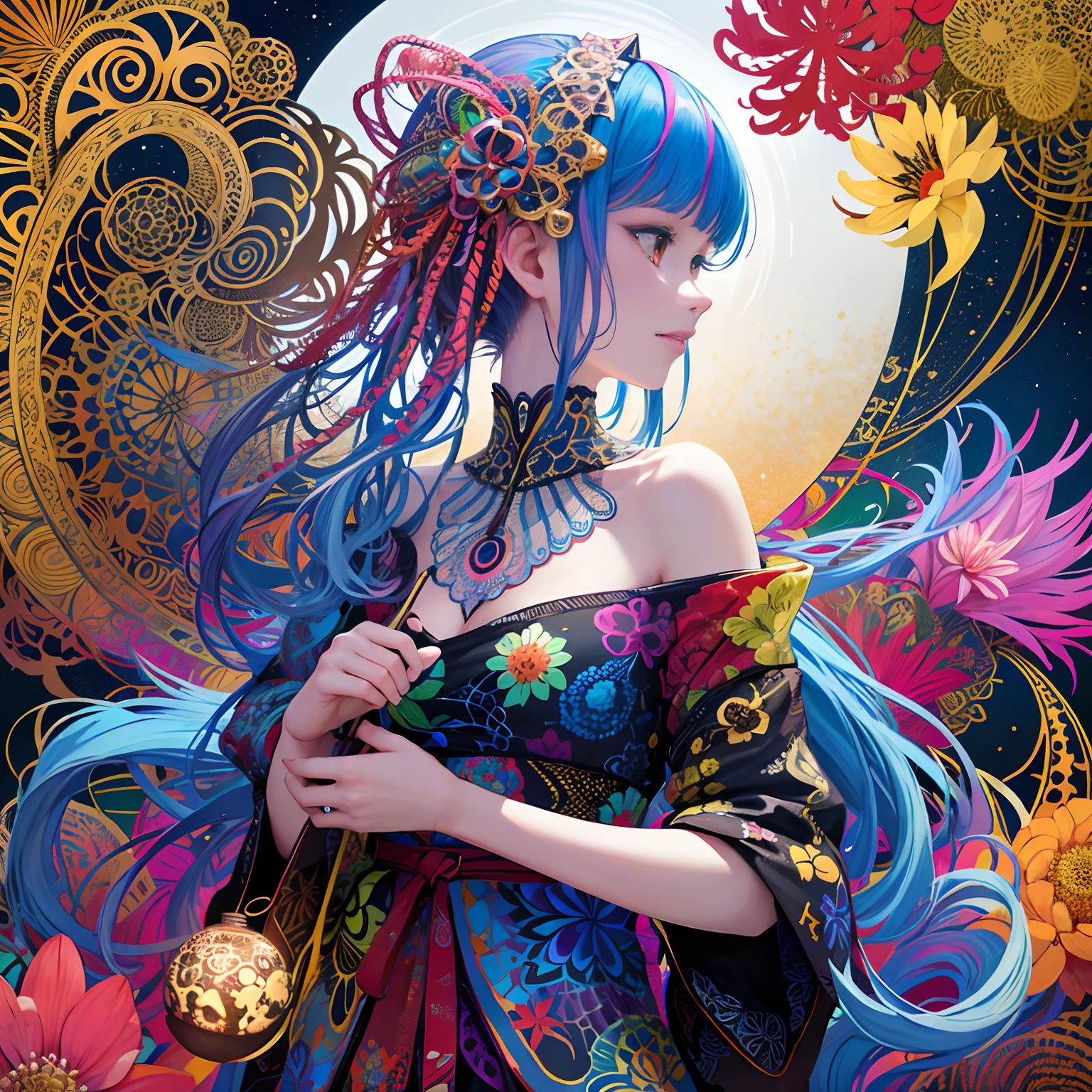 Rainbow Colors theme,paper art,masutepiece,3d rendered,ighly detailed, in autumn,1girll, closing eye,ssmile,cabelos preto e longos,lilies, (Zentangle:1.2), (Geometry:1.2),cinematic lighting effect,4K, colourfull, profile、Official art、unity 8k wall paper、ultra-detailliert、Beautifully Aesthetic、masterpiece、top-quality、(Zentangle、a Mandala、Tangles、Tangles)、(Fractal Art:1.3)、One girl、ighly detailed、Dynamic angles、Cowboy Shots、The most beautiful forms chaos、elegent、Brutalist design、Vibrant colors、romantism、James Jean、roby dwi antono、by Ross Tran、Francis Bacon、Michal Muratz、Adrian Guyney、petra cortright、Gerhard Richter、Ashley Wood、Atmosphere、ecstasy musical notes、Streaming music notes are visible、Upper body only、Red kimono、ornate、A smile、Soothing、baby-face