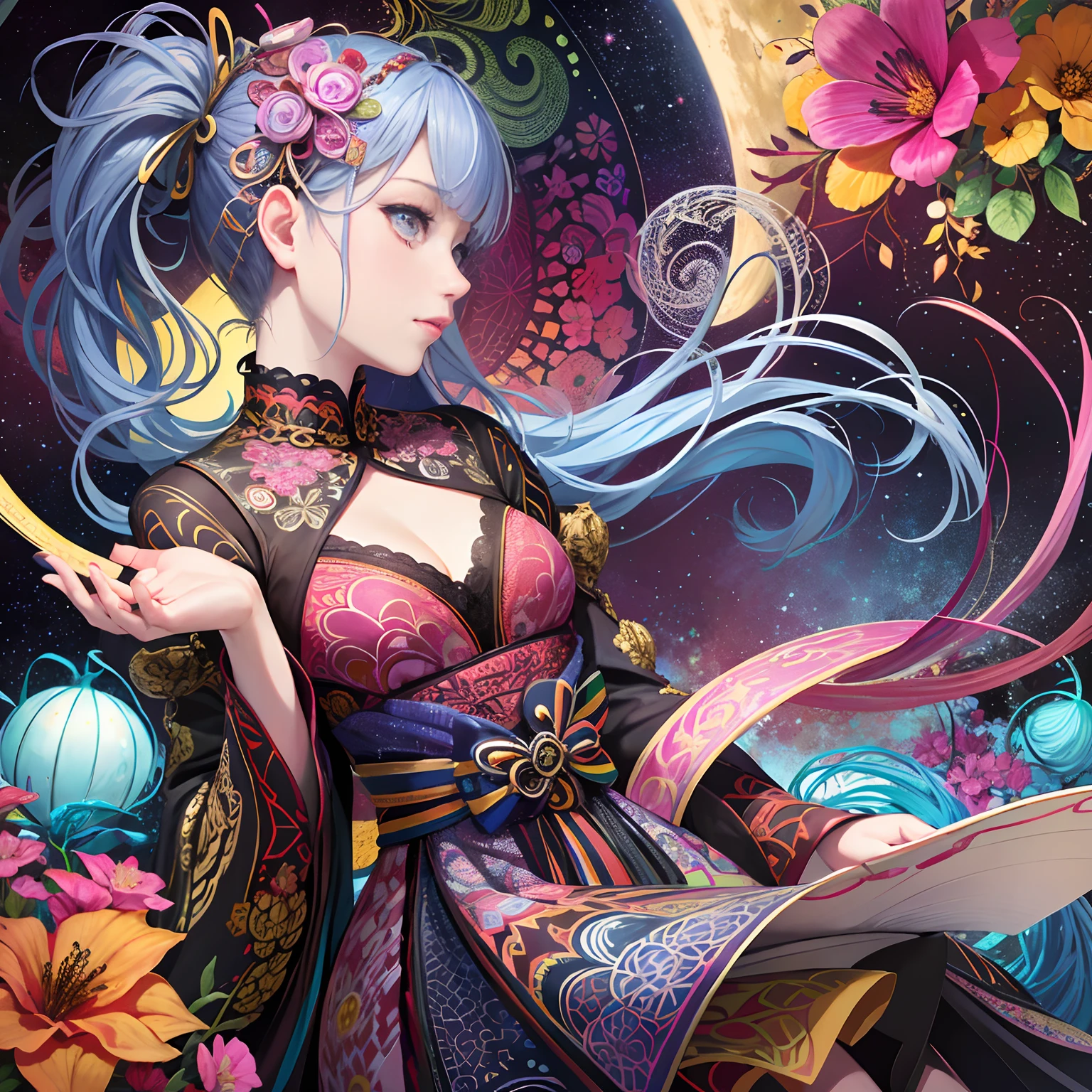 Rainbow Colors theme,paper art,masutepiece,3d rendered,ighly detailed, in autumn,1girll, closing eye,ssmile,cabelos preto e longos,lilies, (Zentangle:1.2), (Geometry:1.2),cinematic lighting effect,4K, colourfull, profile、Official art、unity 8k wall paper、ultra-detailliert、Beautifully Aesthetic、masterpiece、top-quality、(Zentangle、a Mandala、Tangles、Tangles)、(Fractal Art:1.3)、One girl、ighly detailed、Dynamic angles、Cowboy Shots、The most beautiful forms chaos、elegent、Brutalist design、Vibrant colors、romantism、James Jean、roby dwi antono、by Ross Tran、Francis Bacon、Michal Muratz、Adrian Guyney、petra cortright、Gerhard Richter、Ashley Wood、Atmosphere、ecstasy musical notes、Streaming music notes are visible、Upper body only、Red kimono、ornate、A smile、Soothing、-face