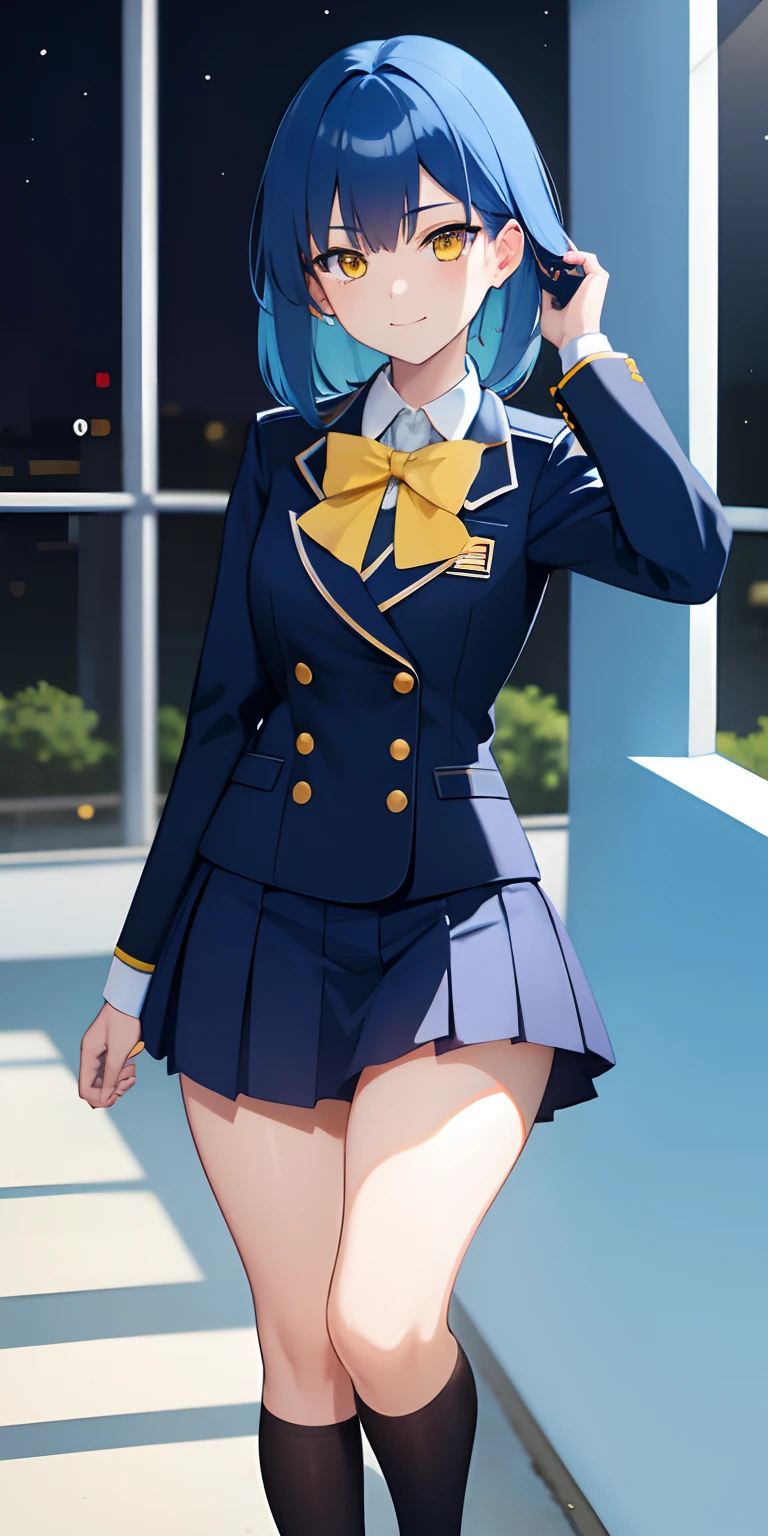 An anime girl, medium blue hair, yellow eyes, Curved hairstyle, school uniform, Evening, high-school, Neutral smile, Indifferent facial expressions