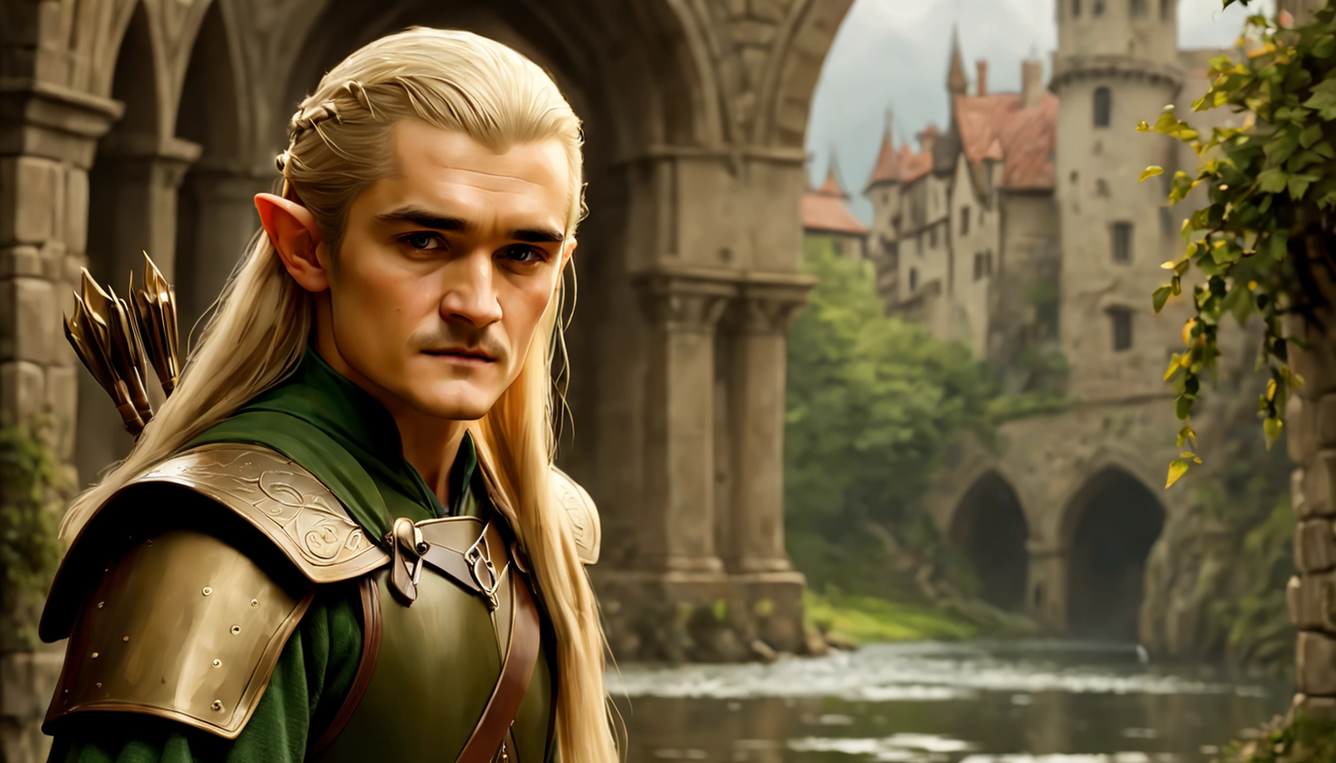 ((Orlando Bloom .... Legolas)),  estilo modelshoot, Parece Keira Knightley, (extremamente detalhado CG unidade 8k papel de parede), foto corporal completa da obra de arte mais bonita do mundo, Bruxa medieval inglesa, Vale Verde, pearl skin,coroa de ouro, ouros, Plano de fundo detalhado com arquitetura medieval, professional majestic oil painting by Ed Blinkey, Atey Ghailan, ghibli studio, Directed by: Jeremy Mann, Greg Manxadinho, Antonio Moro, trending on ArtStation, trending in cgsociety, intrincado, High detail, foco nítido, Dramatic, Arte de pintura fotorrealista de Midjourney e Greg Rutkowski