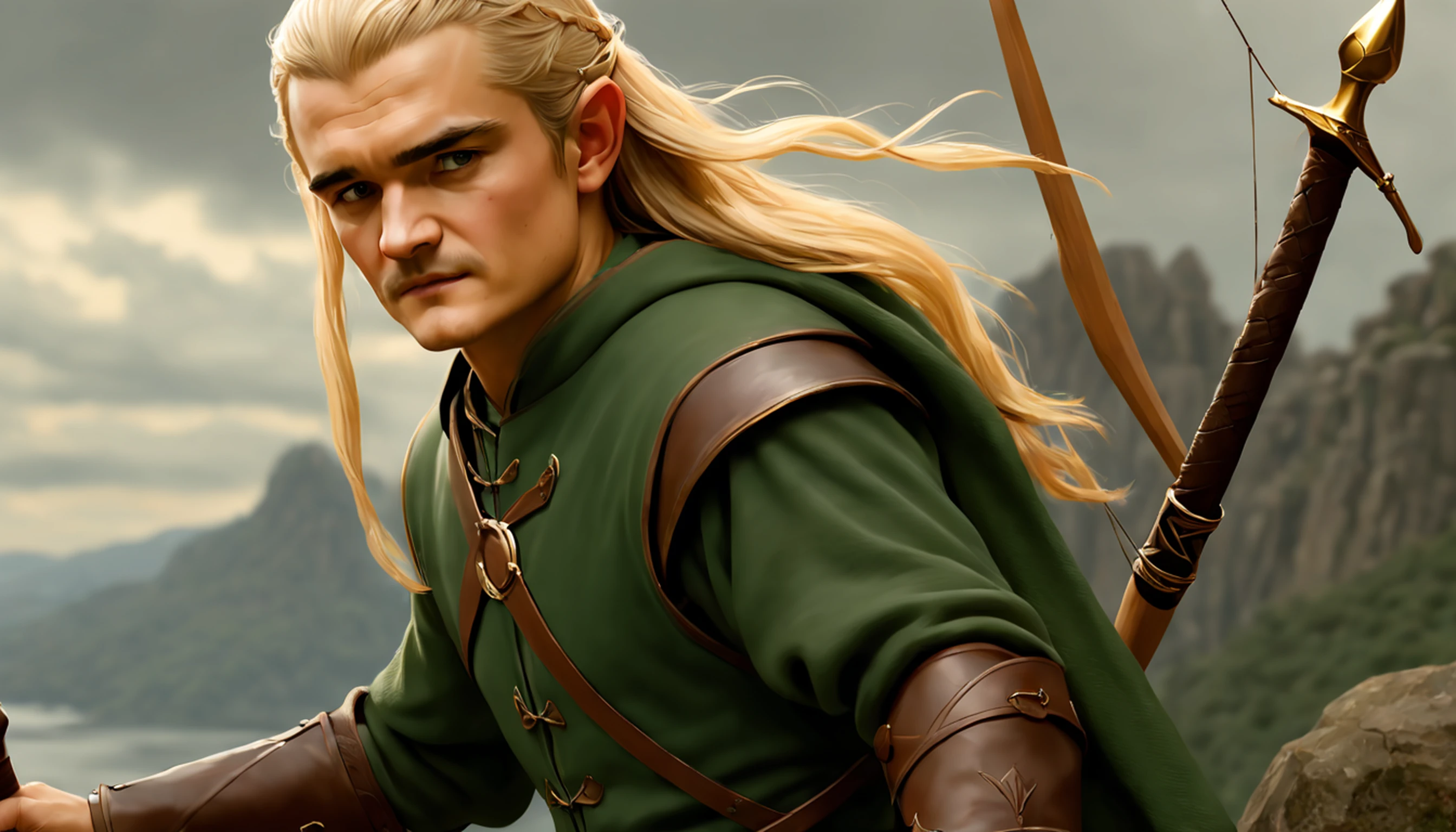 ((Orlando Bloom .... Legolas)), estilo modelshoot, Parece Keira Knightley, (extremamente detalhado CG unidade 8k papel de parede), foto corporal completa da obra de arte mais bonita do mundo, Bruxa medieval inglesa, Vale Verde, pearl skin,coroa de ouro, ouros, Plano de fundo detalhado com arquitetura medieval, professional majestic oil painting by Ed Blinkey, Atey Ghailan, ghibli studio, Directed by: Jeremy Mann, Greg Manxadinho, Antonio Moro, trending on ArtStation, trending in cgsociety, intrincado, High detail, foco nítido, Dramatic, Arte de pintura fotorrealista de Midjourney e Greg Rutkowski