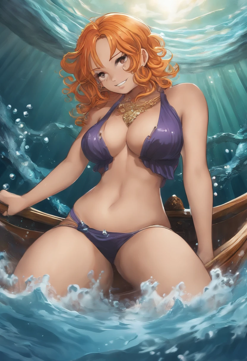 Nami de one piece de roupa de banho rasgada, aparencendo tudo