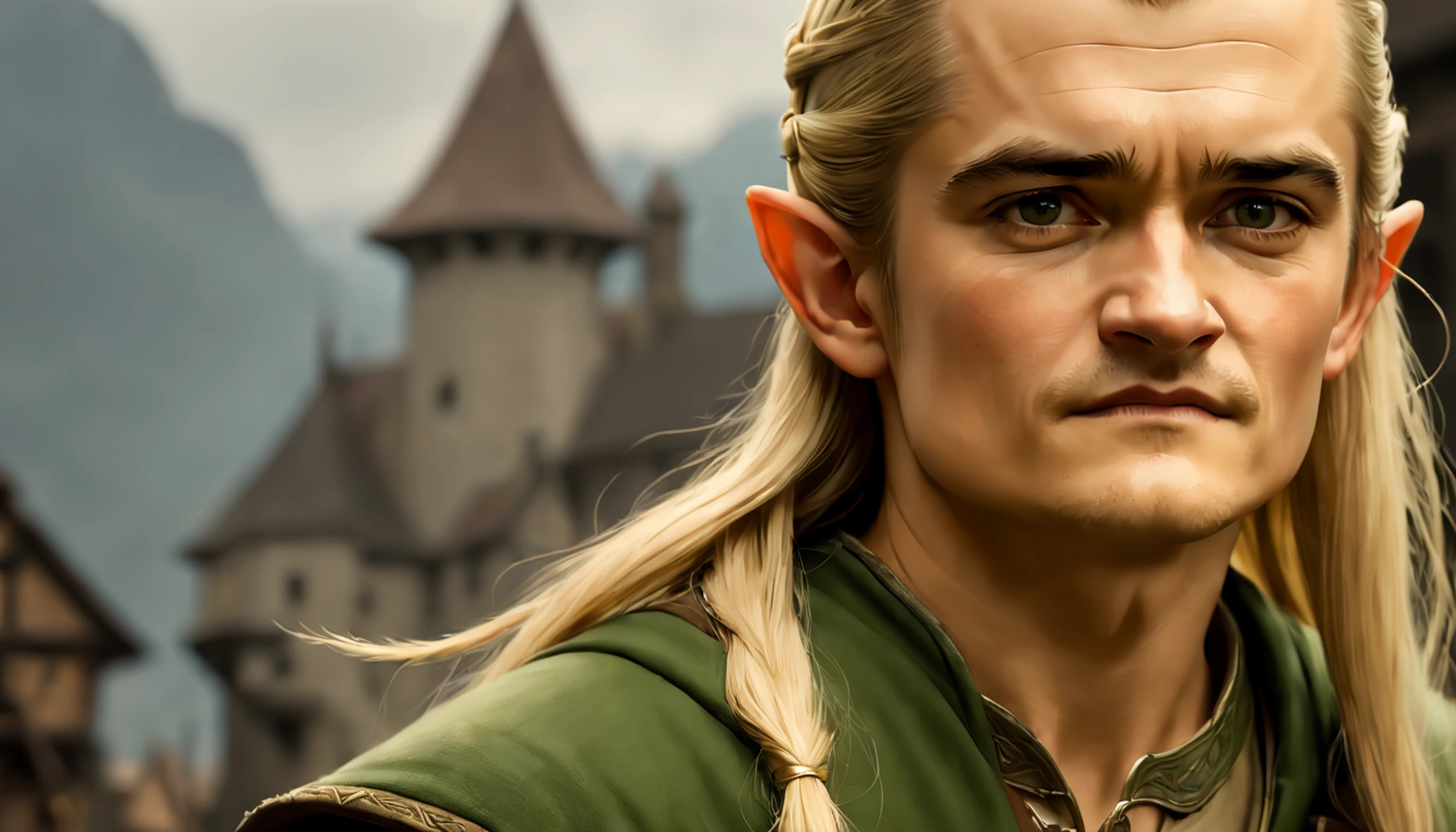 ((Orlando Bloom .... Legolas)), estilo modelshoot, Parece Keira Knightley, (extremamente detalhado CG unidade 8k papel de parede), foto corporal completa da obra de arte mais bonita do mundo, Bruxa medieval inglesa, Vale Verde, pearl skin,coroa de ouro, ouros, Plano de fundo detalhado com arquitetura medieval, professional majestic oil painting by Ed Blinkey, Atey Ghailan, ghibli studio, Directed by: Jeremy Mann, Greg Manxadinho, Antonio Moro, trending on ArtStation, trending in cgsociety, intrincado, High detail, foco nítido, Dramatic, Arte de pintura fotorrealista de Midjourney e Greg Rutkowski