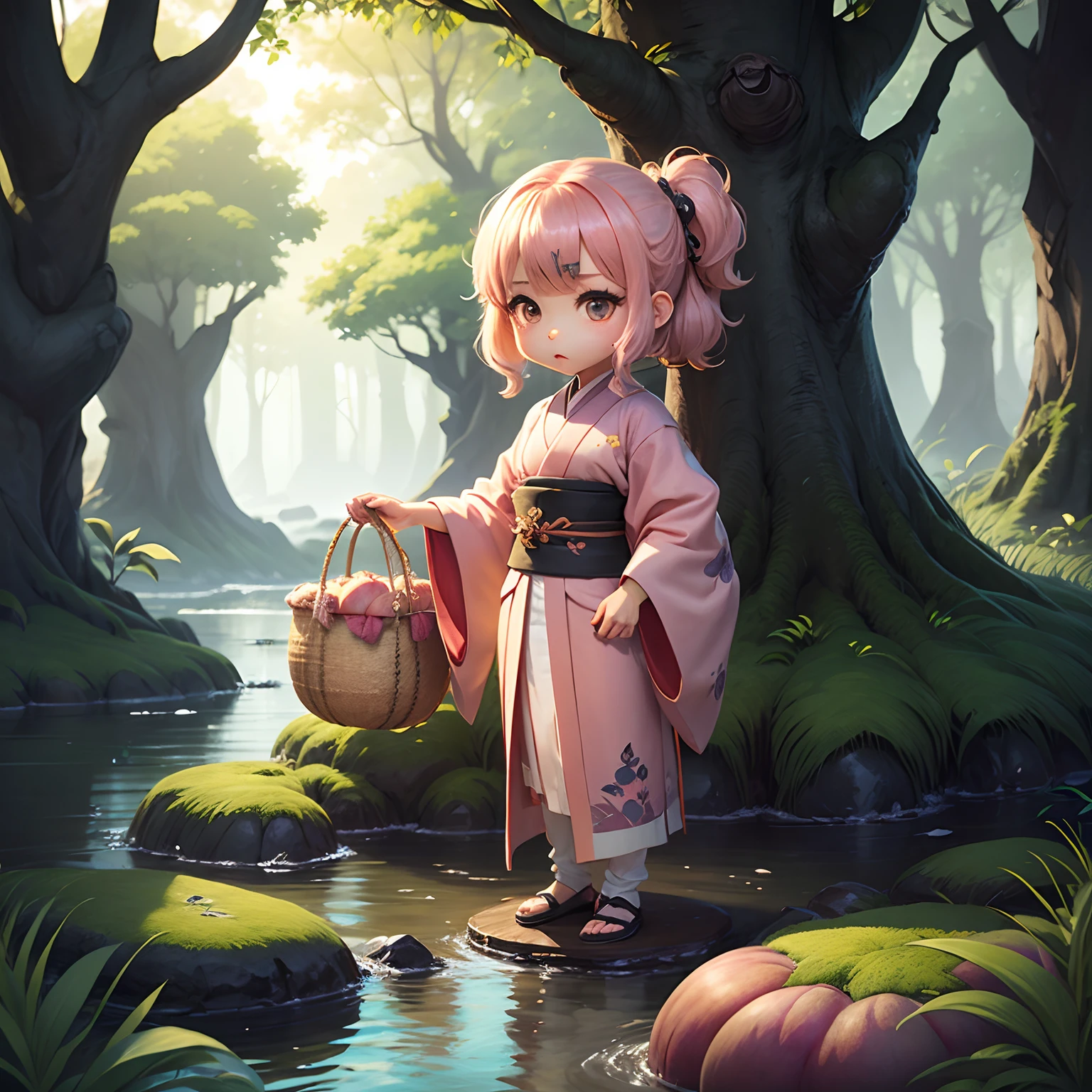 masterpiece、top-quality、ultra-detailliert、(Chibi Chara Folktales:1.2)、Old Woman Solo、dark kimono、Laundry basket、Fairytale forest river、(Big Peach:1.3)