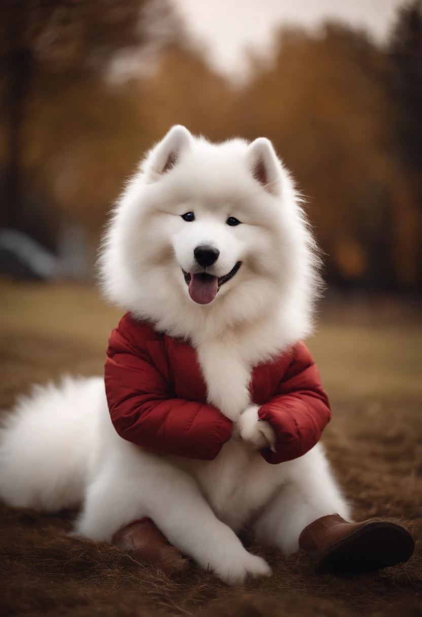 Make a picture of a Samoyed on a 's lap with happy expression