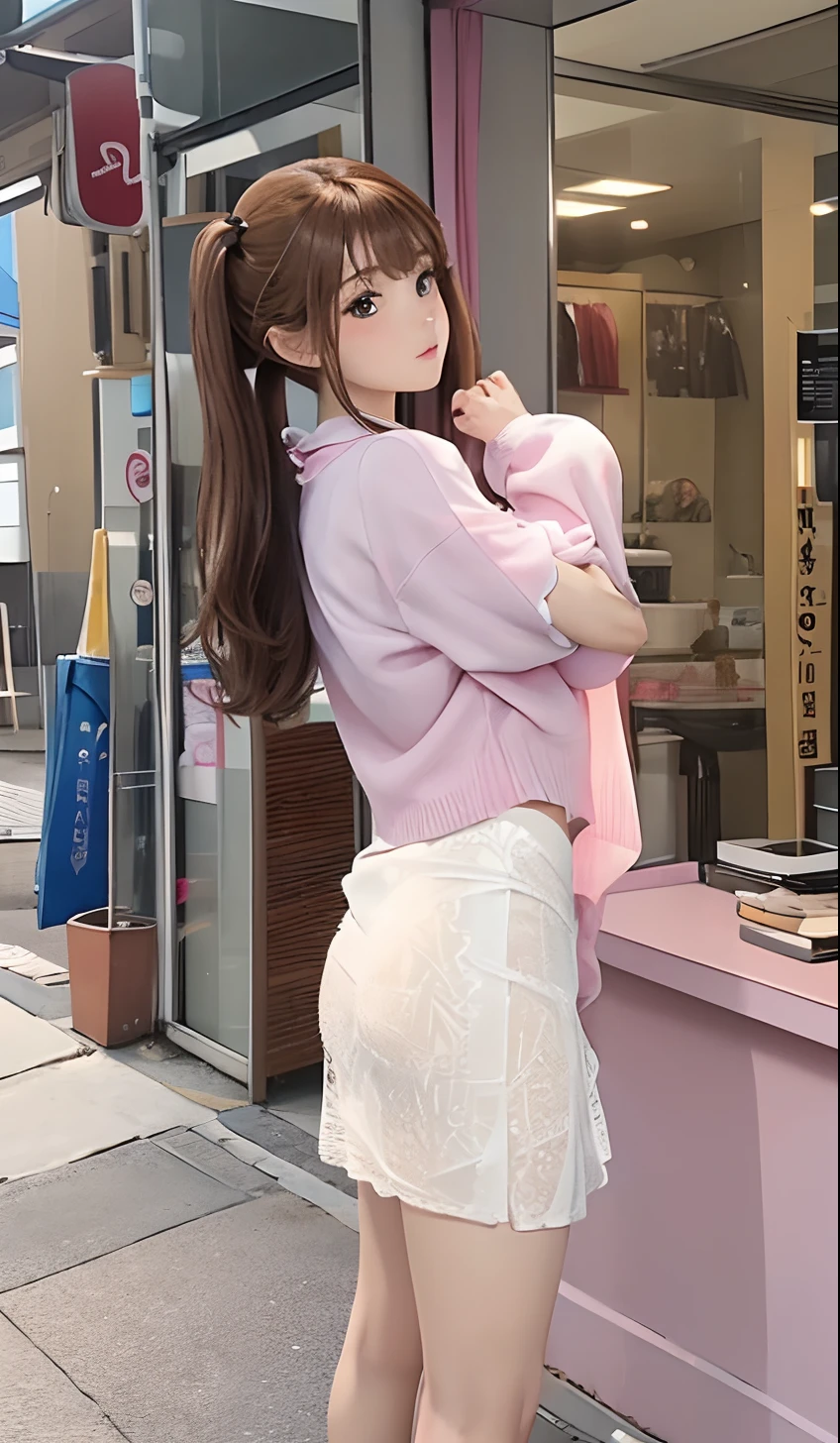 (Raw photography、top-quality)、(realisitic、Photorealsitic:1.3)、masterpiece、extremely delicate and beautiful、nffsw、Unity、2k wallpaper、astonishing、finely detail、8K Wallpapers、hight resolution、1girl in、Soft light、((Brown hair、poneyTail))、a beautiful detailed girl、Angle from the side、Looking at the camera、1girl in、cute little、25-years old、((large full breasts、 Breasts visible from the top of clothes))、Realistic beautiful face、Realistic body、Lustrous skin texture、Beautiful detailed thighs、Beautiful ass(Clothes are see-through、Black panties、a miniskirt:1.3)、thighs thighs thighs thighs、(up skirt)