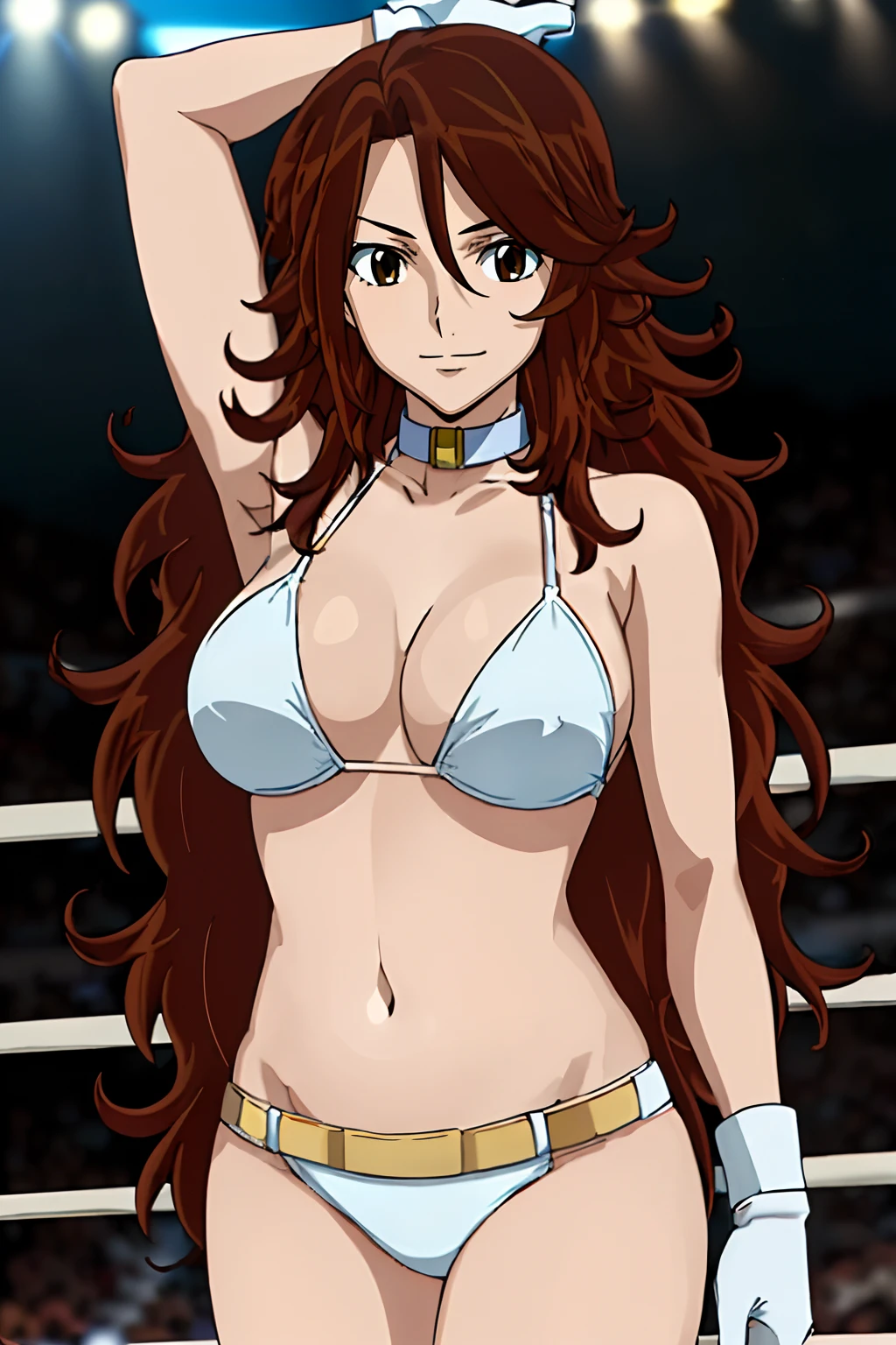 curvy belly, titration screen,, Elegant lady, (upper body only), anime style: 1.8, anime drawing, ultra detailed face, ultra detailed body, 4k, Sumergai Lee Noriega, (standing), best quality, anime style, hires, highest definition, digital blending, bold drawing lines, ((wwe diva), (location: wrestling arena, crowds watching), ( slim body, (little biceps), , off-shoulders, closed fists, (very curvy: 2.8)), ((white bikini, only, white gloves, collar, hand protector, (champion belt on bare belly))), loser, defeated, sad, (pale skin, very big breasts, smile), (big eyes, brown eyes), (clapping), (brown hair, loose hair, curly hair, wavy hair, long hair, missy hair), 27 years old,