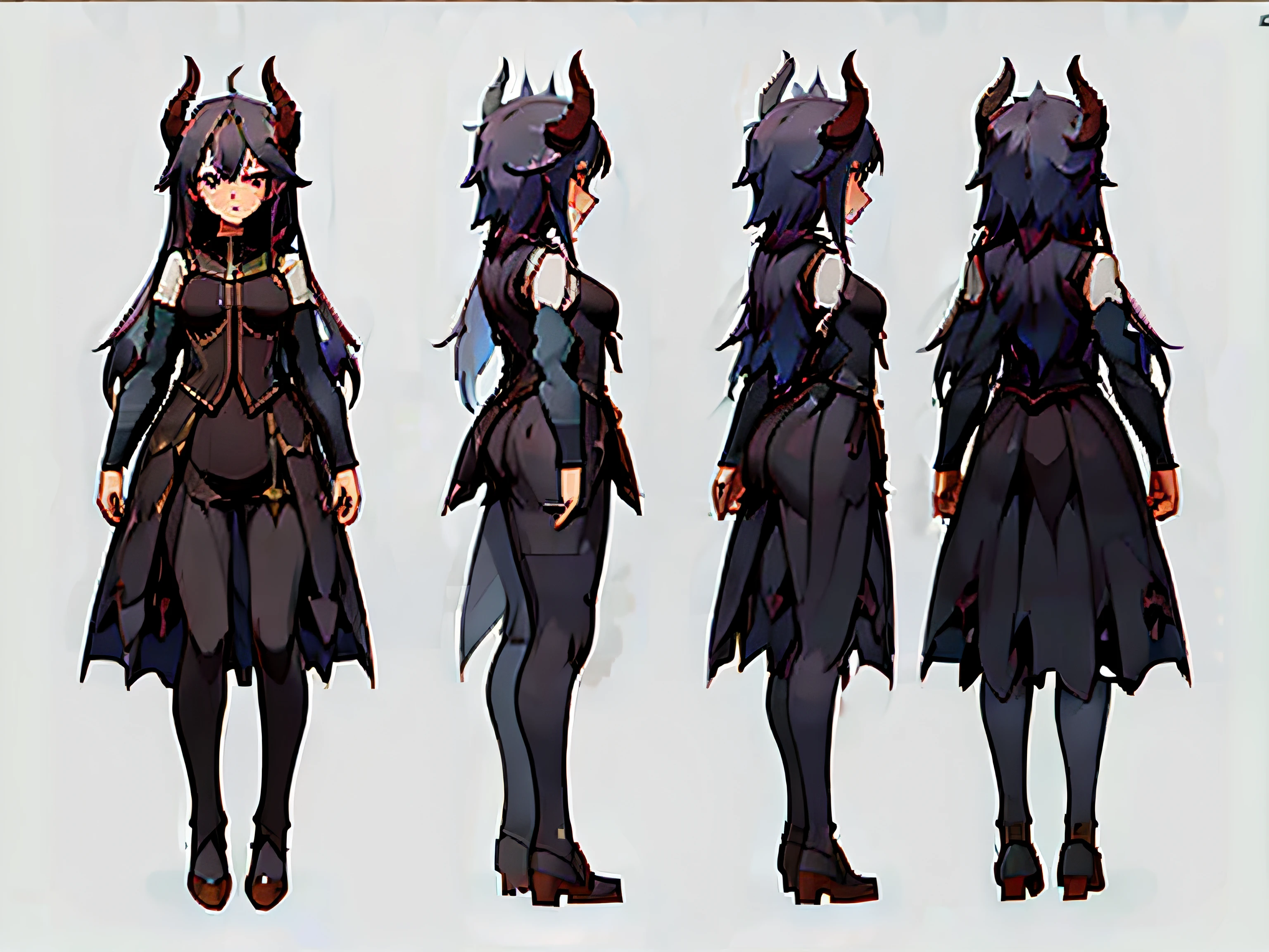 ((masterpiece)),(((best quality))),((character design sheet,same character,front,side,back)),illustration,1 girl,long hair,hair on eyes,beautiful eyes,environment Scene change, pose too, female demon, horns, thighhighs, charturnbetalora, (simple background, white background: 1.3), small boobs, cleavage, reaveling cloths