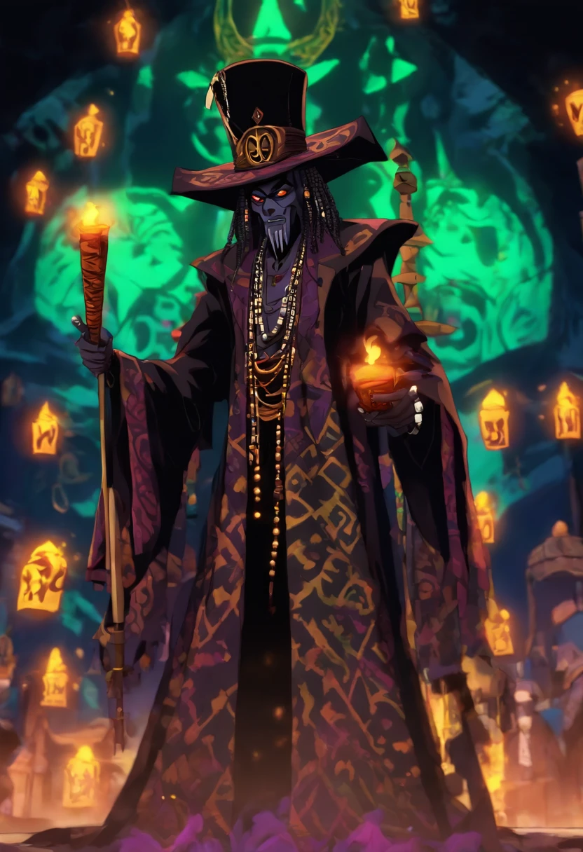 (((PAPA LEGBA))) best quality, ultra-high resolution, 4K detailed CG, master piece,Papa Legba,Old man,pipe,African clothing, Voodoo mythology, ((Standing pose)), African image, aesthetic, screen centered, full body
