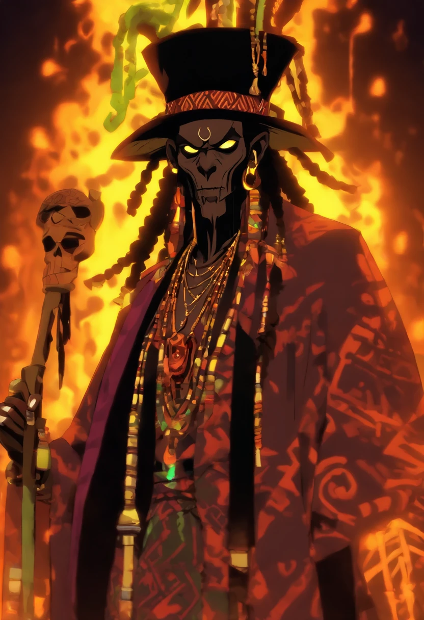 (((PAPA LEGBA))) best quality, ultra-high resolution, 4K detailed CG, master piece,Papa Legba,Old man,pipe,African clothing, Voodoo mythology, ((Standing pose)), African image, aesthetic, screen centered, full body