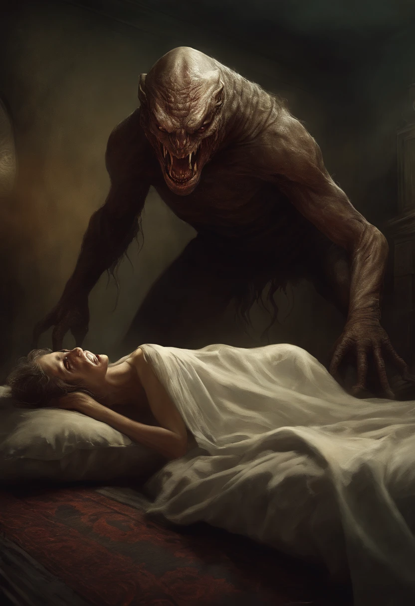 A photo of a demonic creature crawling out from under the bed of a  who is hiding under the blankets, with a very big smile on face, skinny, humanoid, bald, menacing, carnage, Sci - Horror Art of Fiction, Science fiction horror artwork, inspired by Aleksi Briclot, Crocs de carnage, Horror fantasy art, par Aleksi Briclot, Horror concept art, venin, Art fantastique et horreur, Detailed illustration of 4K horror, Demonic creature, Dark Fantasy Horror Art
