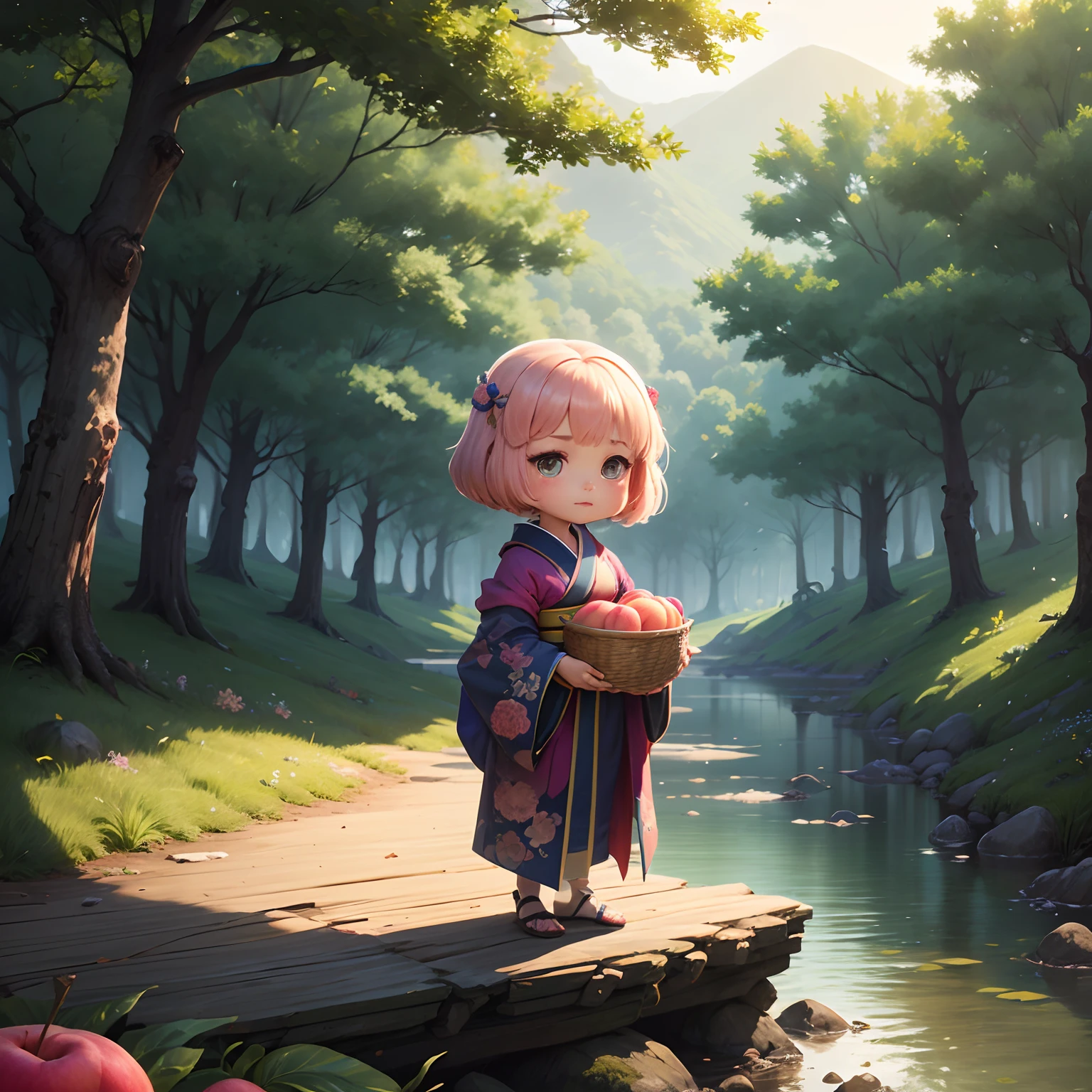 masterpiece、top-quality、ultra-detailliert、(Chibi Chara Folktales:1.2)、80-year-old woman solo、dark kimono、Laundry basket、Fairytale forest river、(Big Peach:1.3)