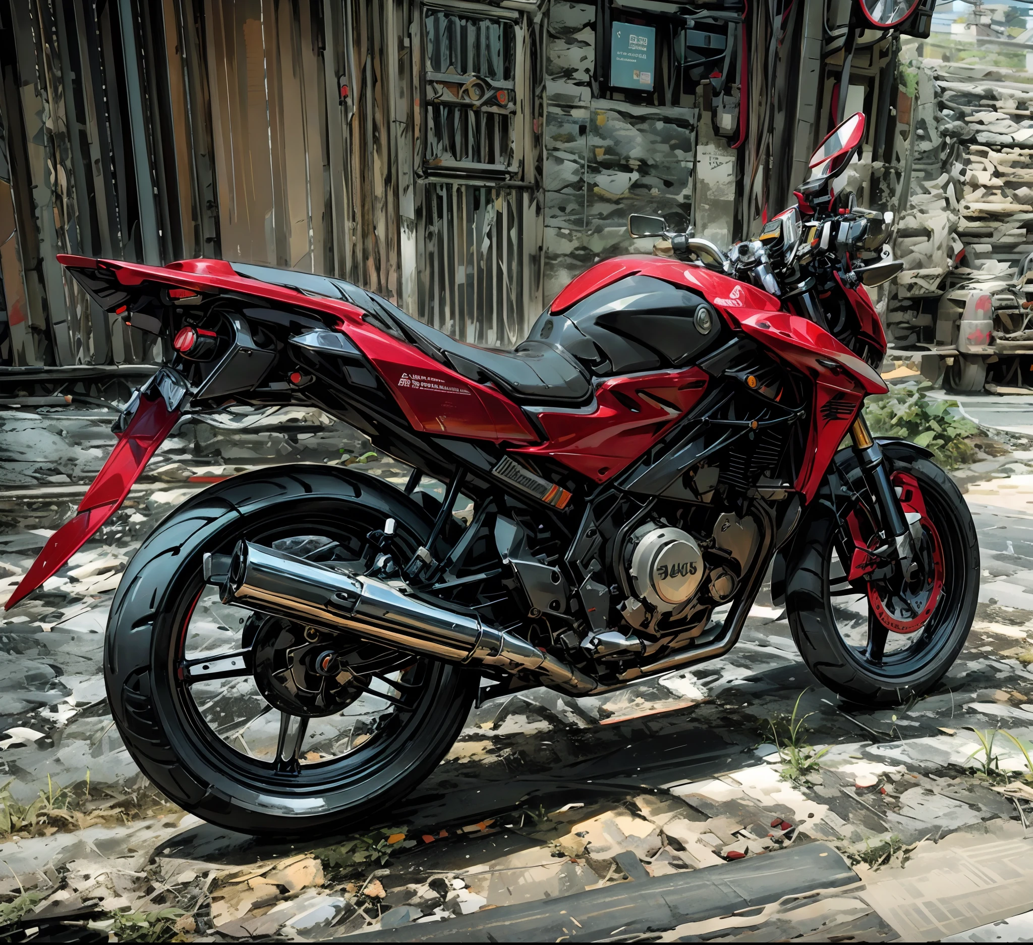 there is a red and white, motorcycle parked on the side of the road, front side view, front side full, side front view, unreal enging, rear shot, from side, - s 1 5 0, very beautiful masterpiece, rear view, rear-shot, front side, sideview, lowres, motorcycle, side view, full device, back facing