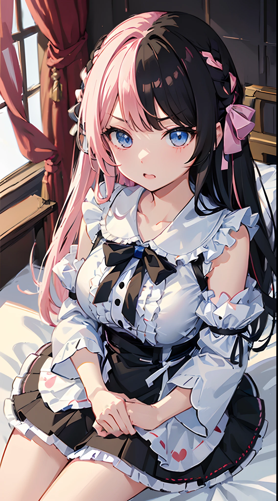 masterpiece, top-quality, Hi-Res, 1girl in, Honami Ichinose, White skirt、looking at the viewers,BREAK (masutepiece:1.2), Best Quality, High resolution, Unity 8k壁纸, (Illustration:0.8), (Beautiful detailed eyes:1.6), extra detailed face, Perfect Lighting, extremely details CG, (Perfect hands, Perfect Anatomy), (Crying face:1.3)、NSFW,Normal bit,(vaginal,SEX),(Missionary position,((1man with 1woman,Having sex)),Lying in bed,bird’s eye view),(Spread legs),(Sleep on your back:1.5),(Girl trembling with sexual climax)、1man、