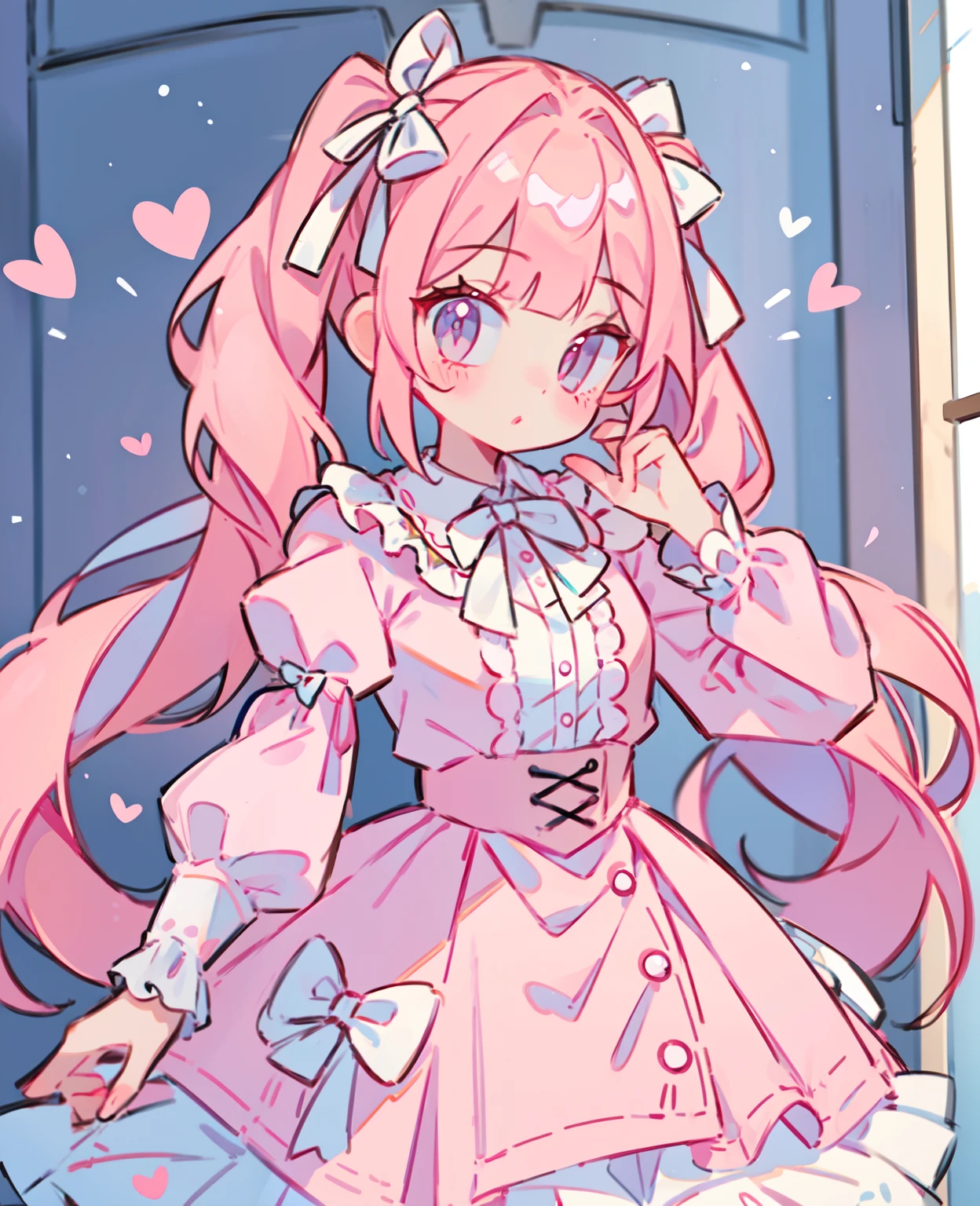 1girl in, pinkhair, long twintail, Pink Blouse, Fluffy collar, White and fluffy skirt, Making hearts with your hands, White ribbon on hair, Lots of hair ornaments, lolita