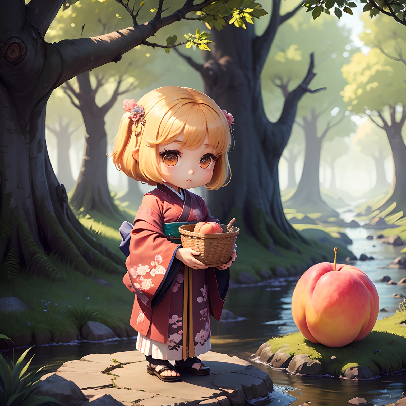 masterpiece、top-quality、ultra-detailliert、(Chibi Chara Folktales:1.2)、80-year-old woman solo、dark kimono、Laundry basket、Fairytale forest river、(Big Peach:1.3)