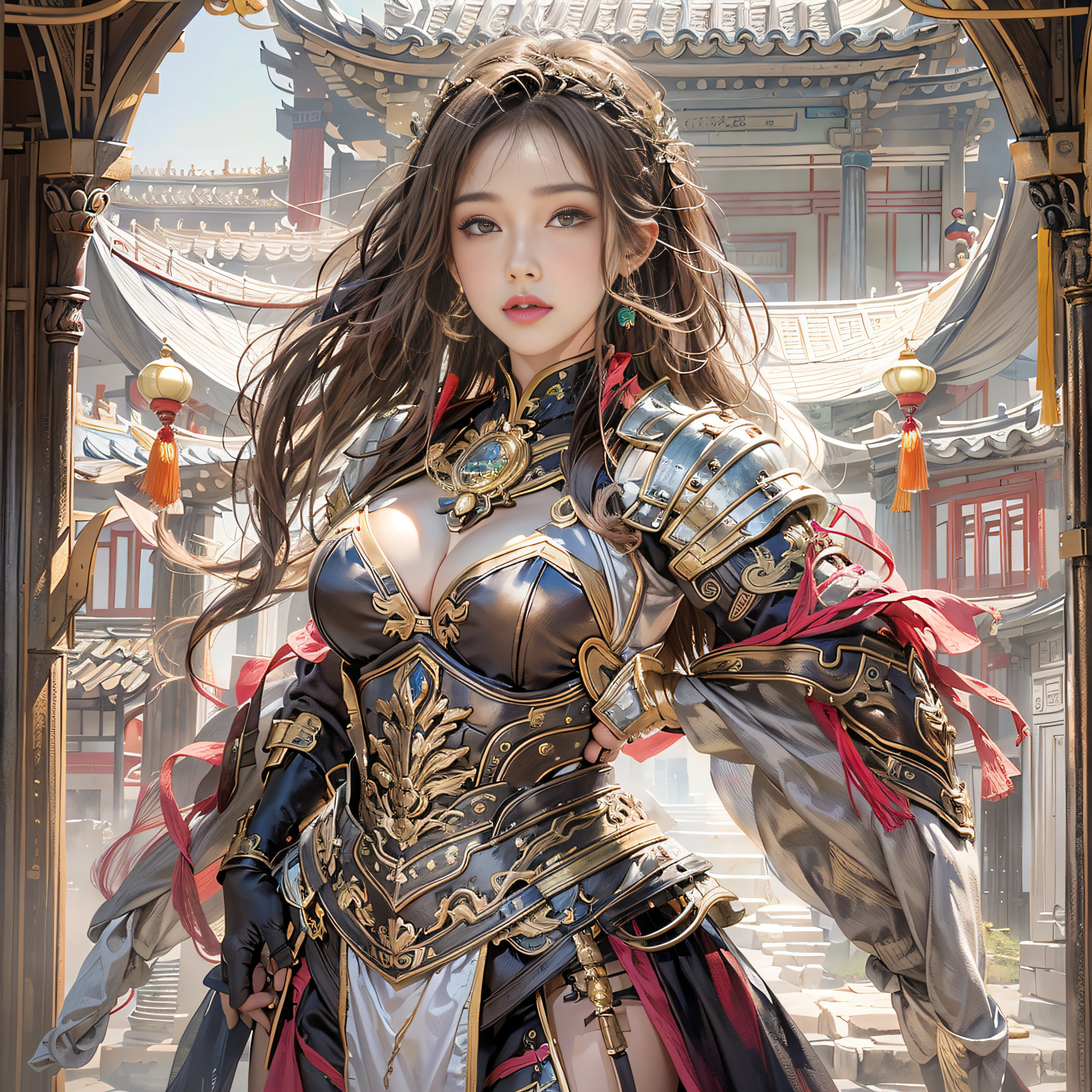 photorealistic portrait, high-res, Soft light, 1woman, bara, The picture sees the thighs..., Slender Figure, Hip up, gleaming skin, Overflowing big breasts, Reveal the breasts...., (higly detailed face), Beautiful Chinese Armor
