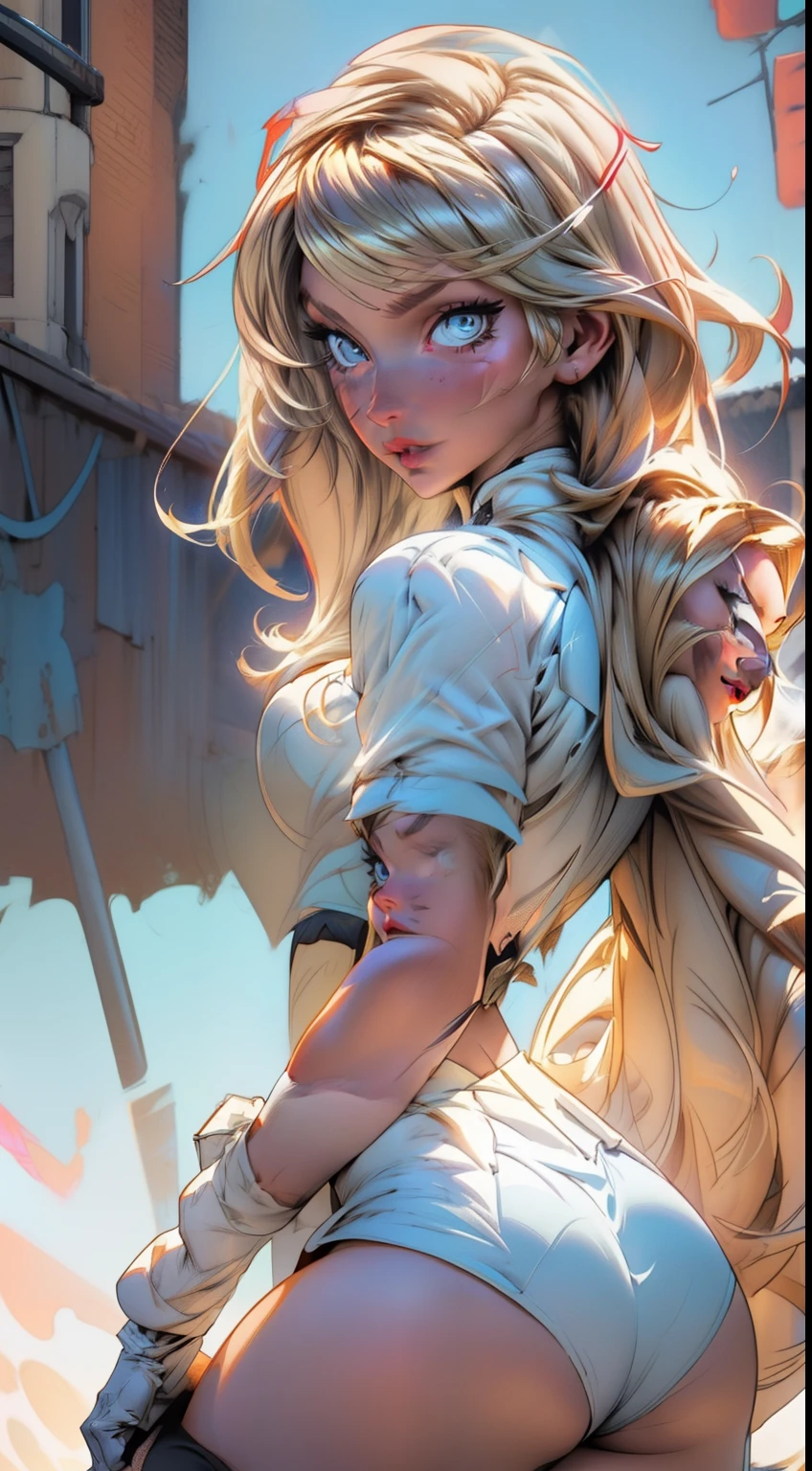 A blonde Emma_Frost on all fours looking at the viewer, wearing a white midriff corset, gloves, thigh highs, beautiful sexy ass, big ass, (extremely detailed face), from behind, 8K resolution, super detailed, high quality