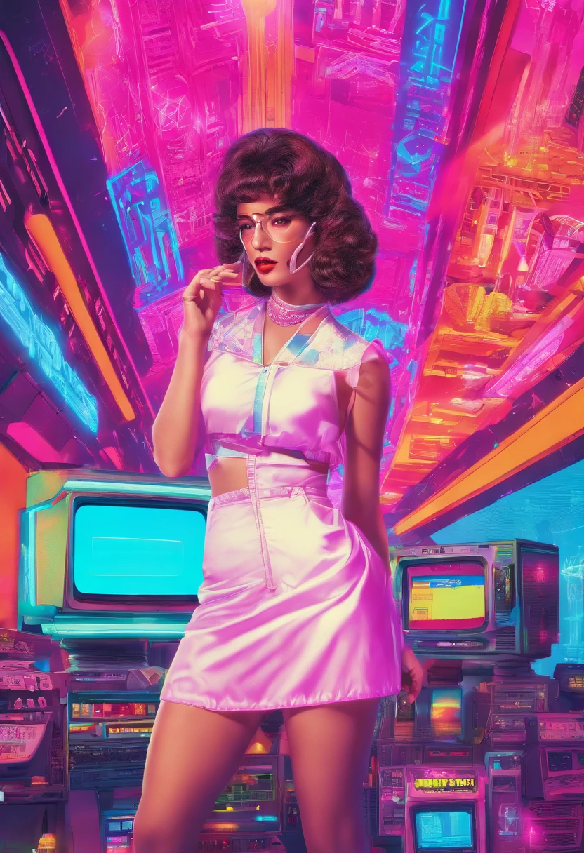 Image of a woman in a white dress standing in front of a group of people, 7 0 s sci - arte fi, mulher atraente do cabelo castanho, Ainda quadro de um filme, hipermaximalista, promotional render, por Menez, cosmic bjork, Punk a vapor, Velma, Ataques a Marte, por volta de 1970, CP2077