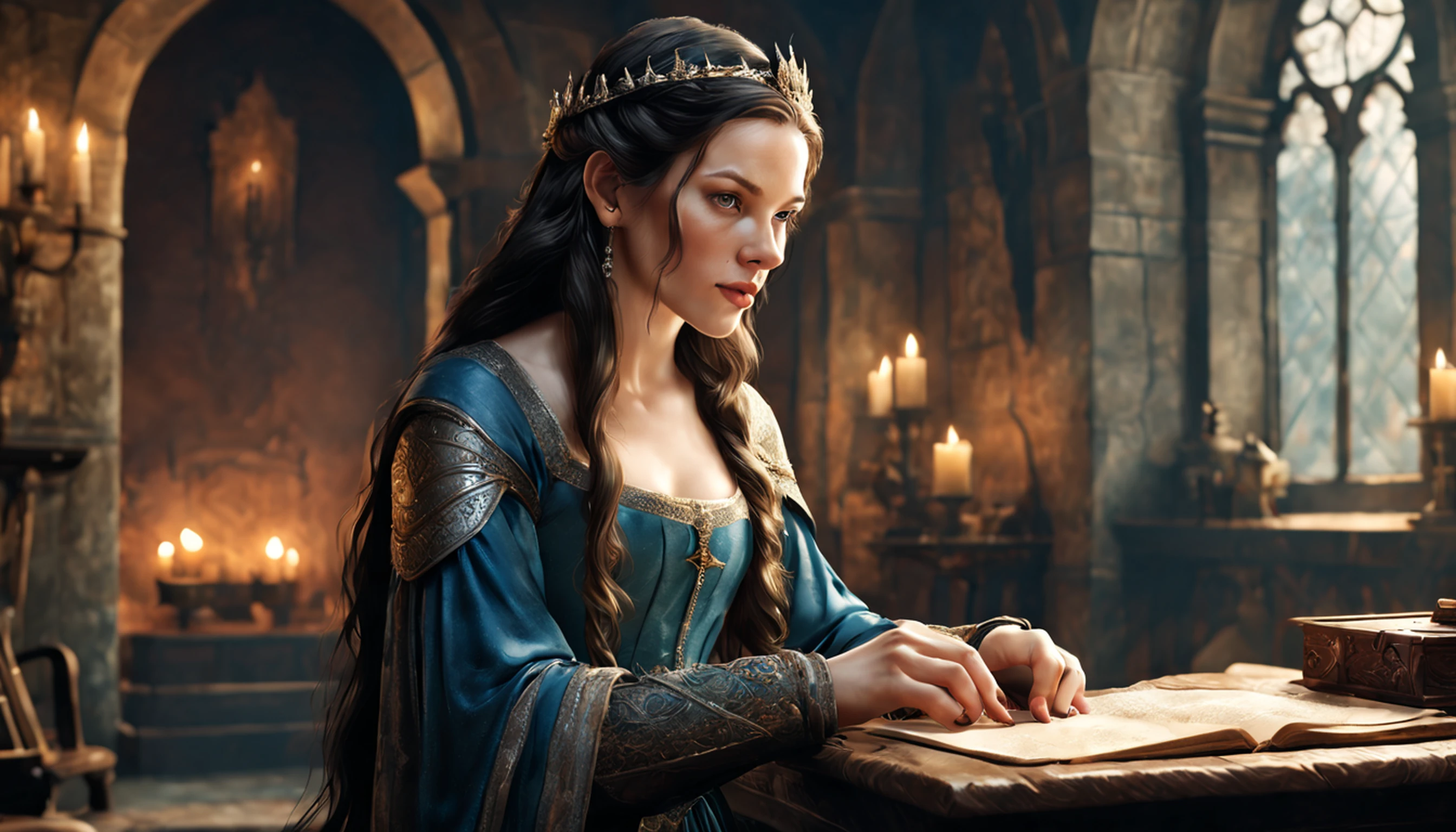 ((Liv Tyler), (Arwen)), estilo modelshoot, Parece Keira Knightley, (extremamente detalhado CG unidade 8k papel de parede), foto corporal completa da obra de arte mais bonita do mundo, Bruxa medieval inglesa, Vale Verde, pearl skin,coroa de ouro, ouros, Plano de fundo detalhado com arquitetura medieval, professional majestic oil painting by Ed Blinkey, Atey Ghailan, ghibli studio, Directed by: Jeremy Mann, Greg Manxadinho, Antonio Moro, trending on ArtStation, trending in cgsociety, intrincado, High detail, foco nítido, Dramatic, Arte de pintura fotorrealista de Midjourney e Greg Rutkowski