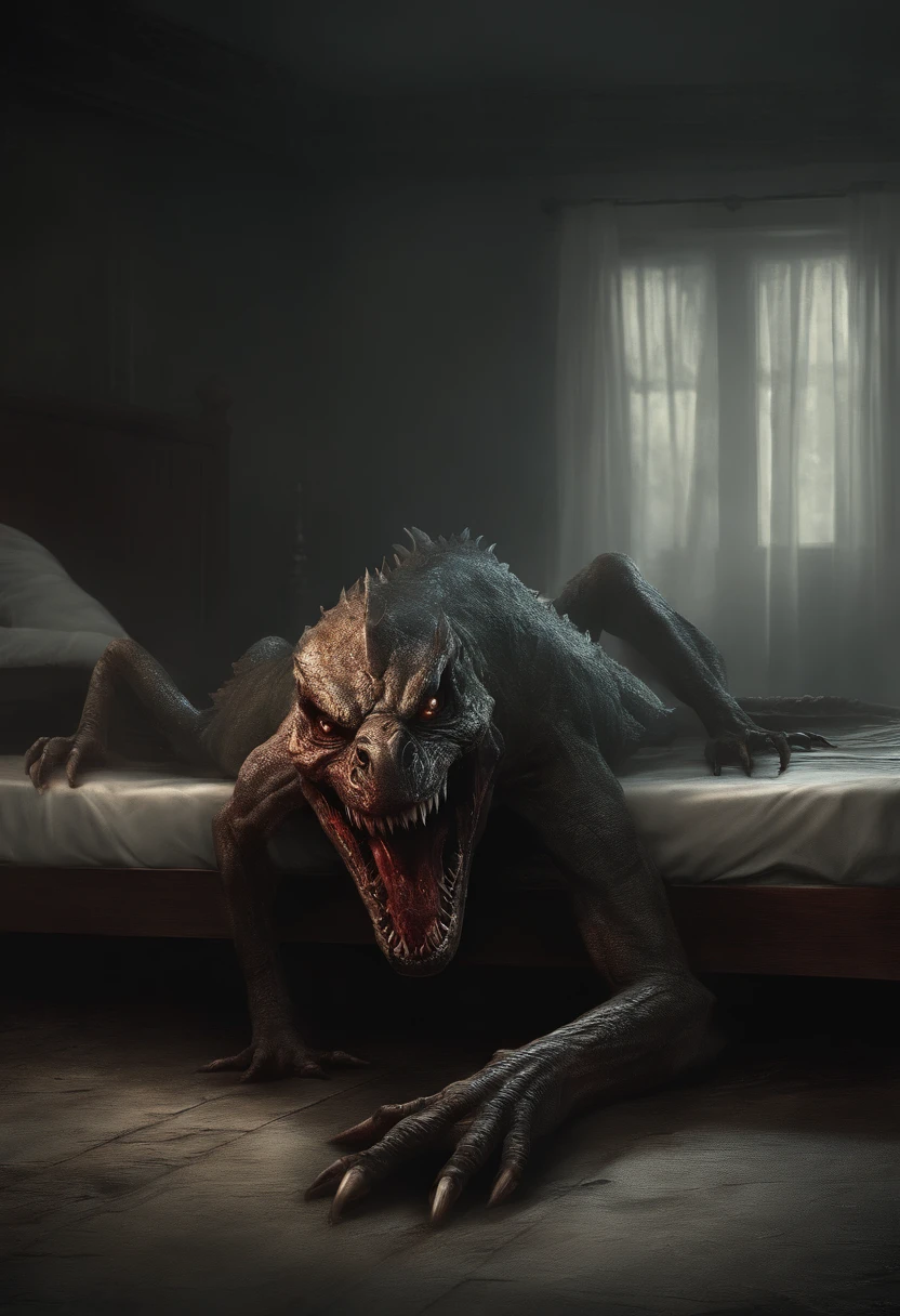A cinematic photo of a demonic creature crawling out from underneath the bed of a , with a very big smile on face, skinny, humanoid, bald, menacing, carnage, Sci - Horror Art of Fiction, Science fiction horror artwork, inspired by Aleksi Briclot, Crocs de carnage, Horror fantasy art, par Aleksi Briclot, Horror concept art, venin, Art fantastique et horreur, Detailed illustration of 4K horror, Demonic creature, Dark Fantasy Horror Art