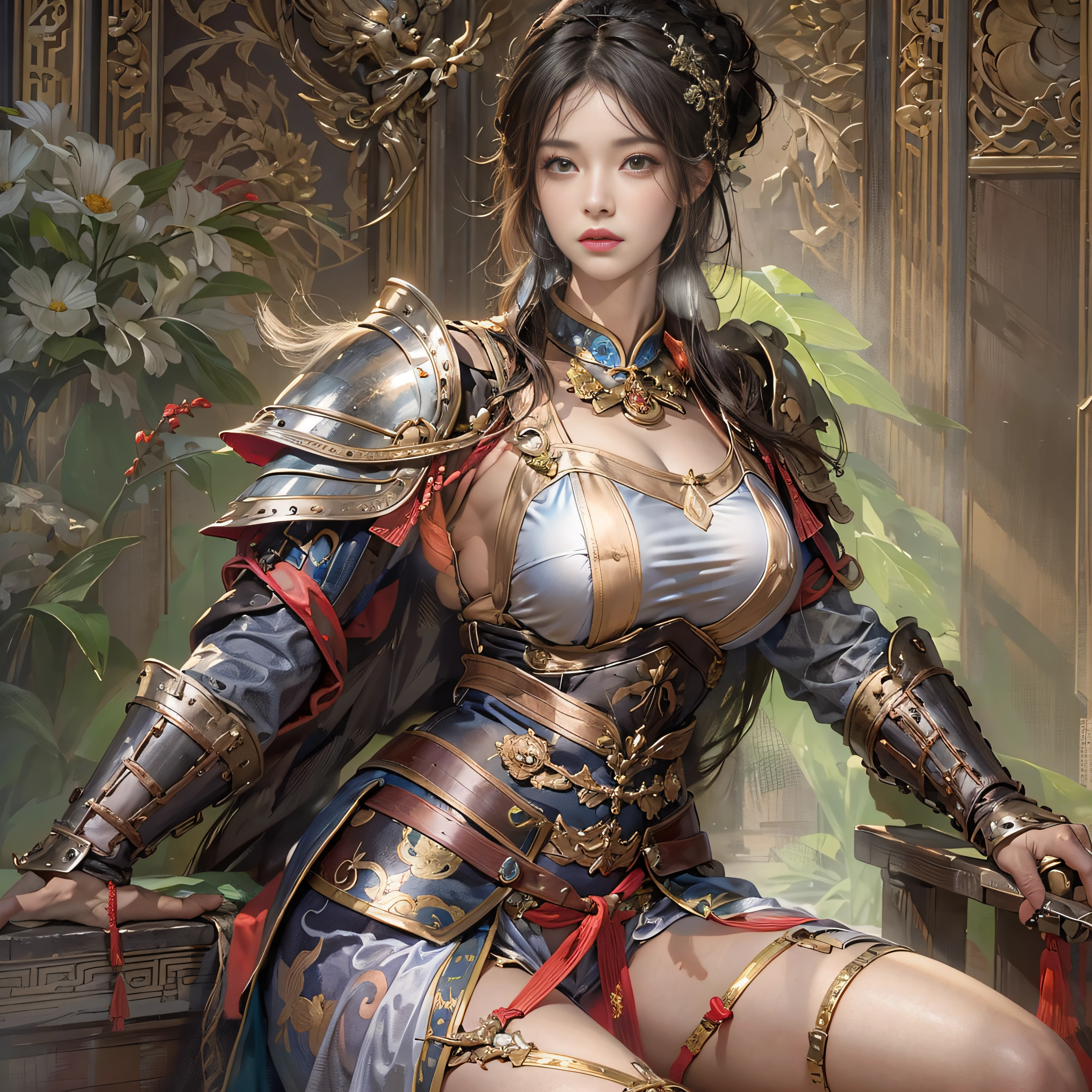 photorealistic portrait, high-res, Soft light,1woman, bara, The picture sees the thighs..., Slender Figure, Hip up, gleaming skin, Overflowing big breasts, Reveal the breasts.., seductive posture, (higly detailed face), Beautiful Chinese Armor