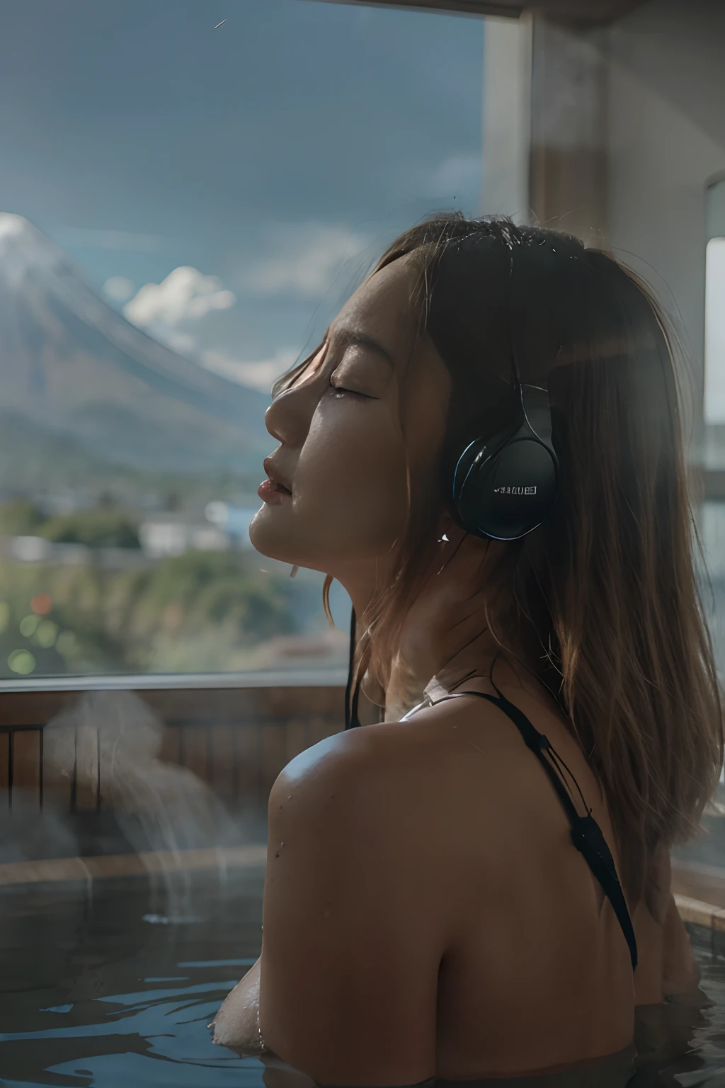 Ash blonde young bare woman with headphones soakin in the onsen and looking out over a fujiyama mountain night view, cinematic shot ar 9:16 -n 6 -g, realistic cinematic style, listening to music, cinematic feeling, music is life, audiophile, cinematic portrait, realistic cinematic,