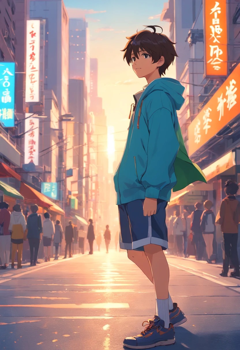 A boy, transformed into an anime style, with exaggerated unique facial features and clothing, standing on a bustling city street, backlit background highlighting the subject, high-contrast colors, 4K high-definition quality，young, smiling, handsome