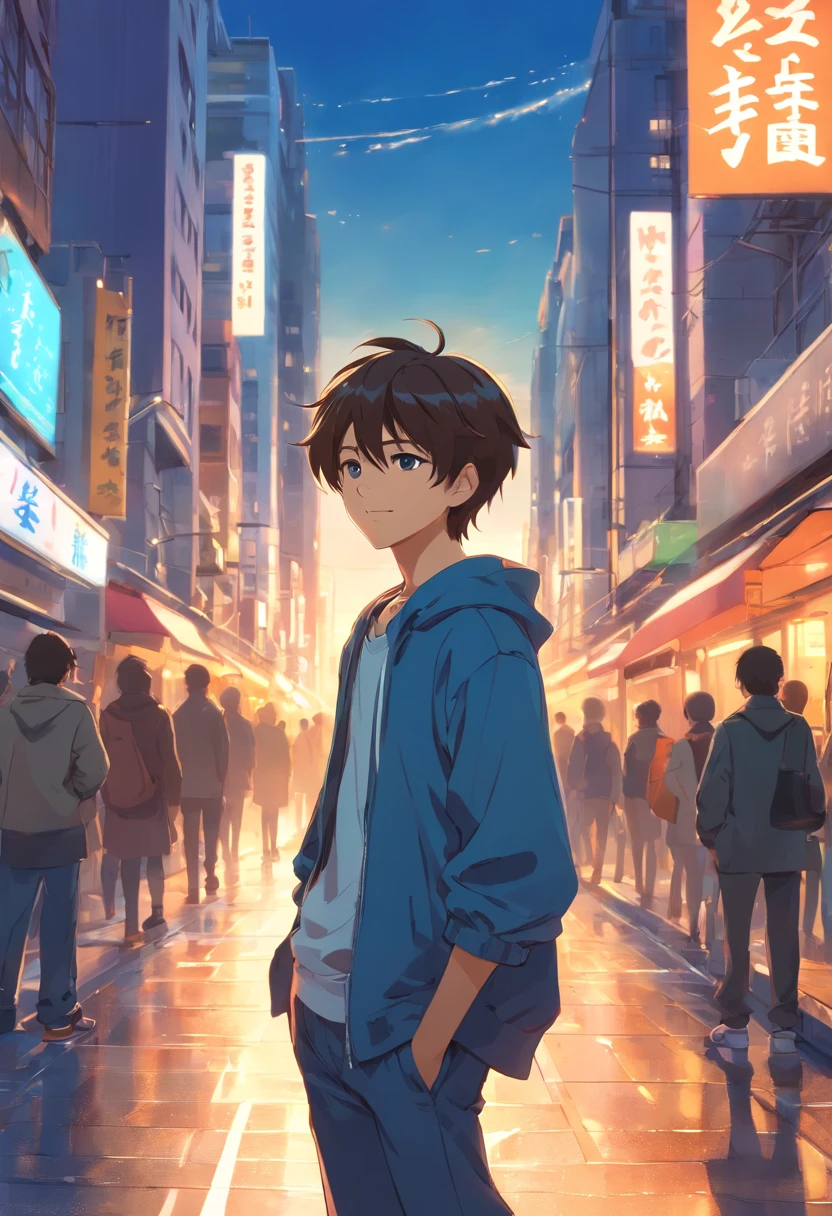 A boy, transformed into an anime style, with exaggerated unique facial features and clothing, standing on a bustling city street, backlit background highlighting the subject, high-contrast colors, 4K high-definition quality,young, smiling, handsome