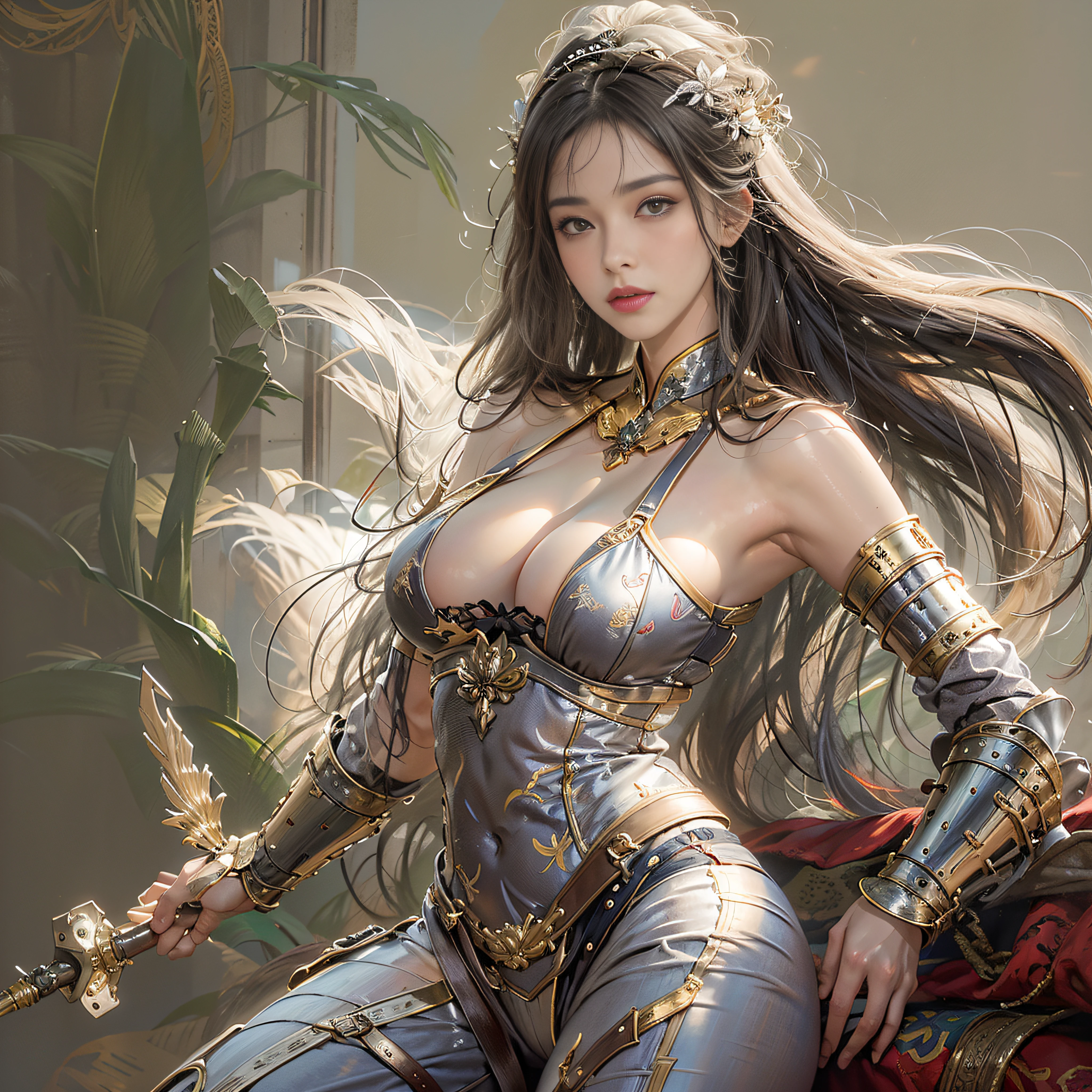 photorealistic portrait, high-res, Soft light,1woman, bara, The picture sees the thighs..., Slender Figure, Hip up, gleaming skin, Overflowing big breasts, Reveal the breasts.., seductive posture, (higly detailed face), Beautiful Chinese Armor