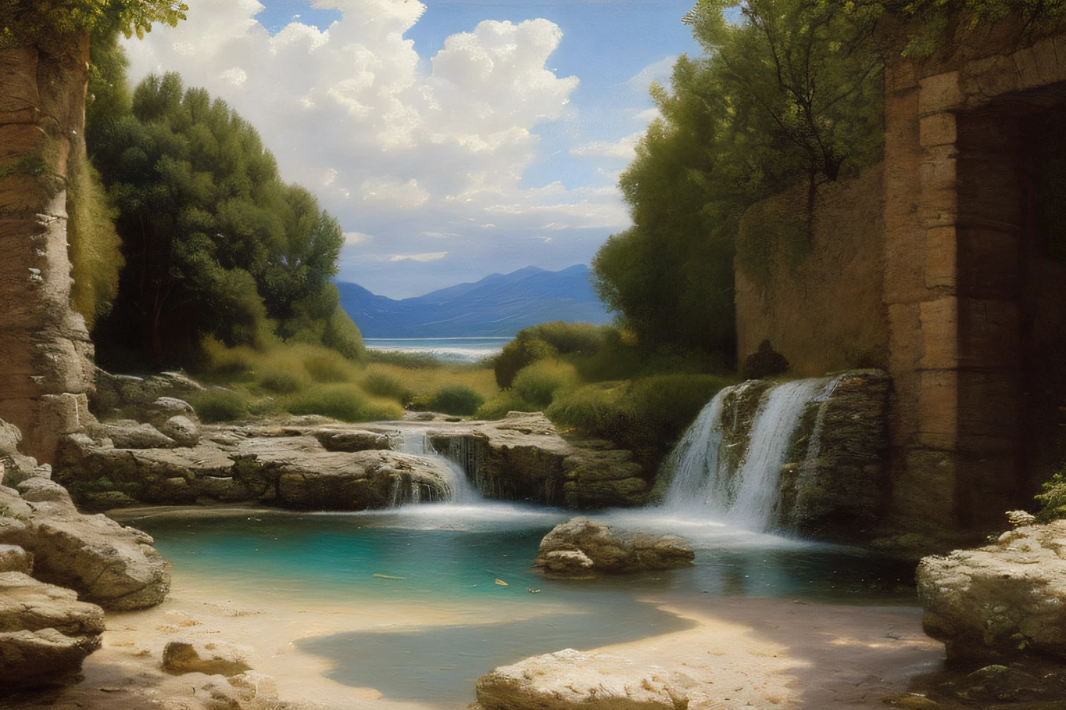 agartha, Landscape inside the earth, Agartha, mer cristalline bleu profond,glycine,Cascades, Eau cristalline, ciel azur lumineux, ,(Highly detailed CG Unit 8k wallpaper), The most beautiful work of art in the world, Professional majestic oil painting, complexe, High detail, mise au point nette, dramatique, Art of photorealist painting, Alma Tadema