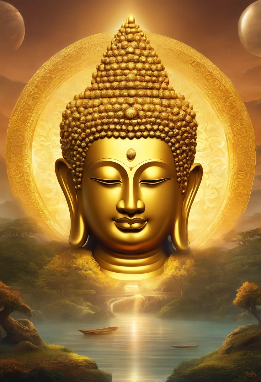 Highly detailed portrait of a huge golden Buddha with a halo of the sun god，golden colored，unrealengine，The art of Mark Ryden，Lost fish，Earl Nolen，globalillumination，godrays，detailed and intricate environment，Elden Ring Style