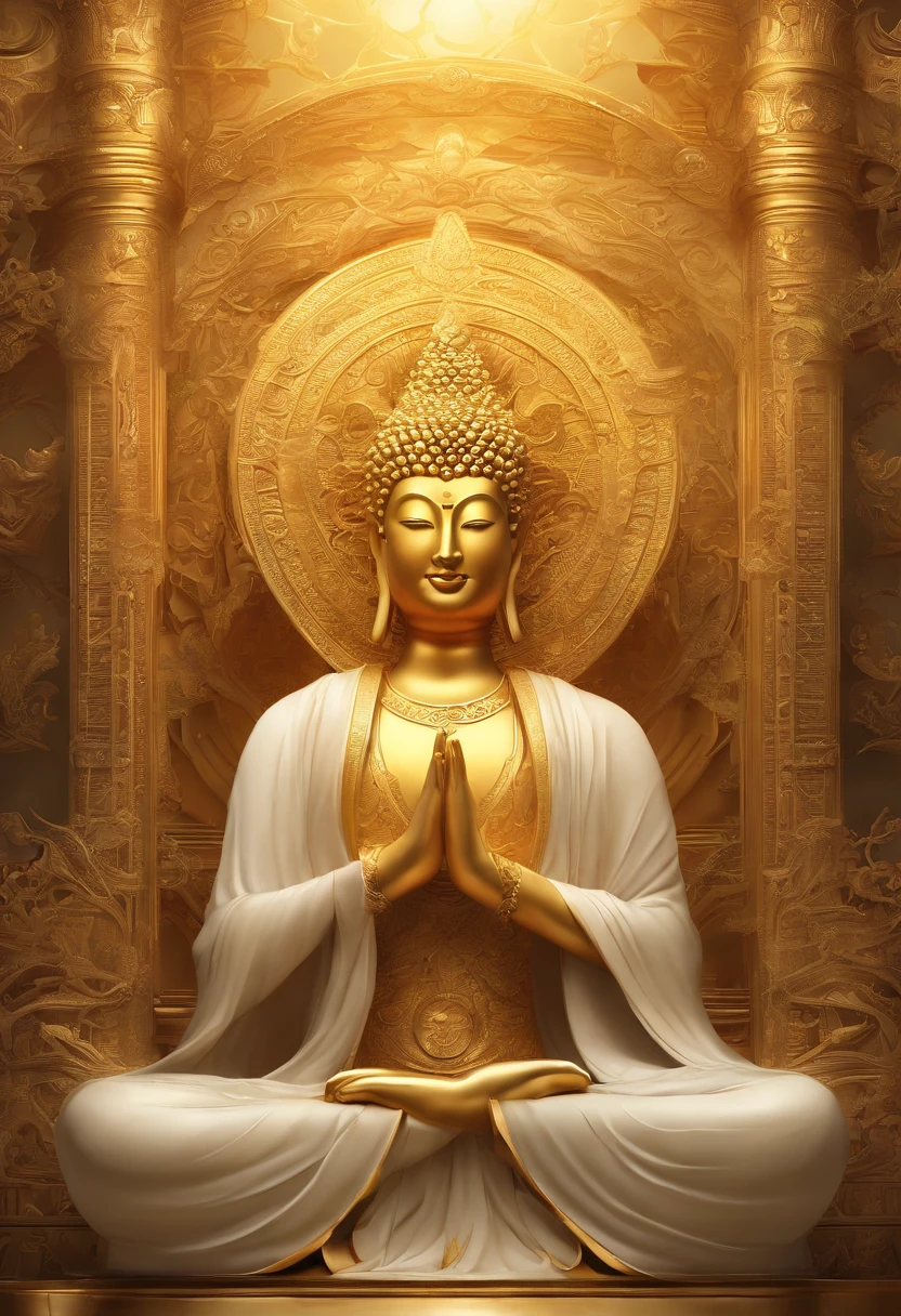 A serene Buddha statue sits majestically on a weathered stone pedestal, its gentle smile and closed eyes exuding wisdom and inner peace. Soft golden light illuminates the intricately carved details of the statue's robes and facial features, while the surrounding environment remains dimly lit to emphasize the subject's tranquil aura, ImgFixerPre0.3