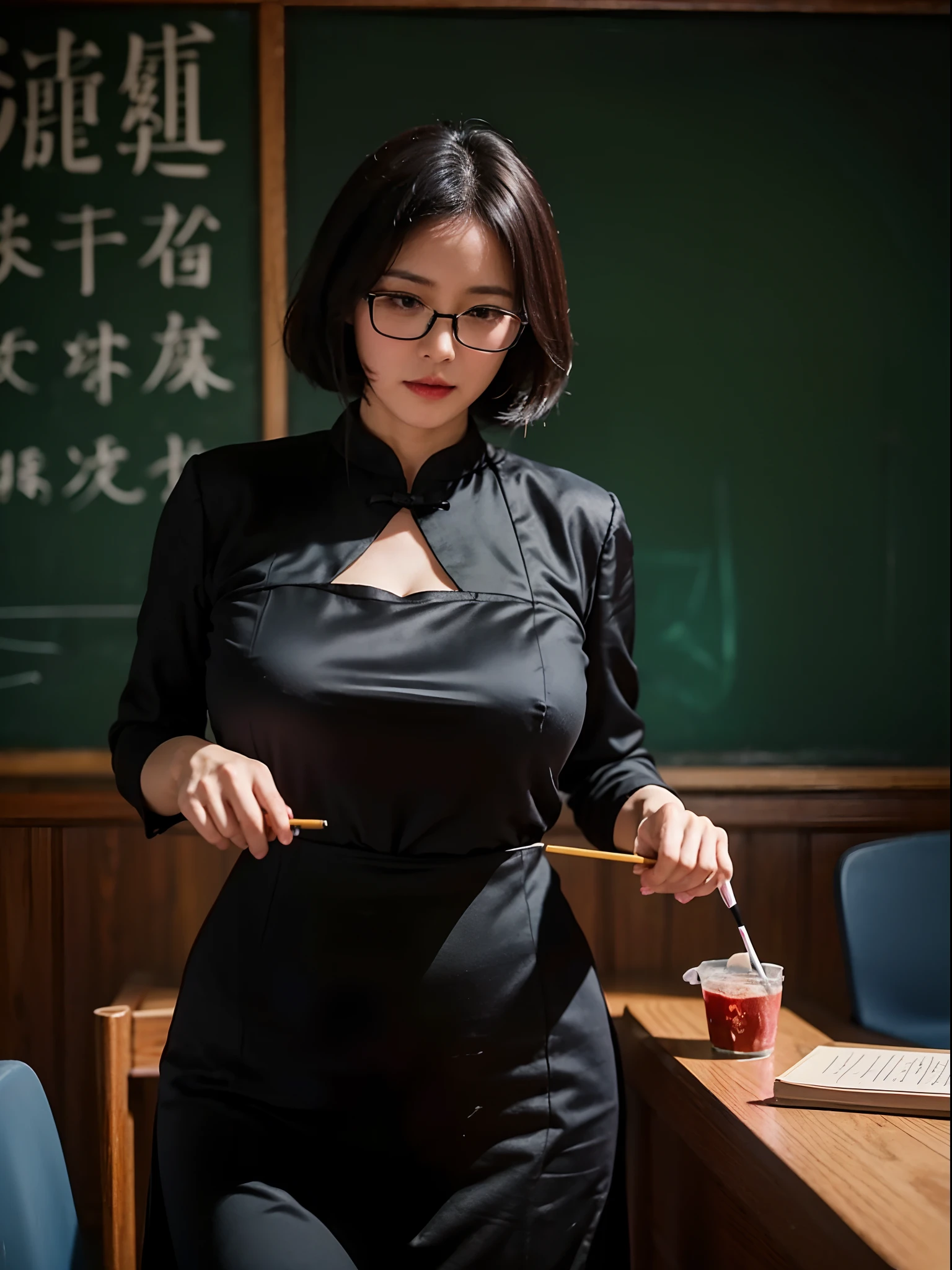 Classroom,Big Breasts Teacher,blacksilk,Writing on the chalkboard,Height one meter seventy-five,on cheongsam,eye glass,Five fingers
