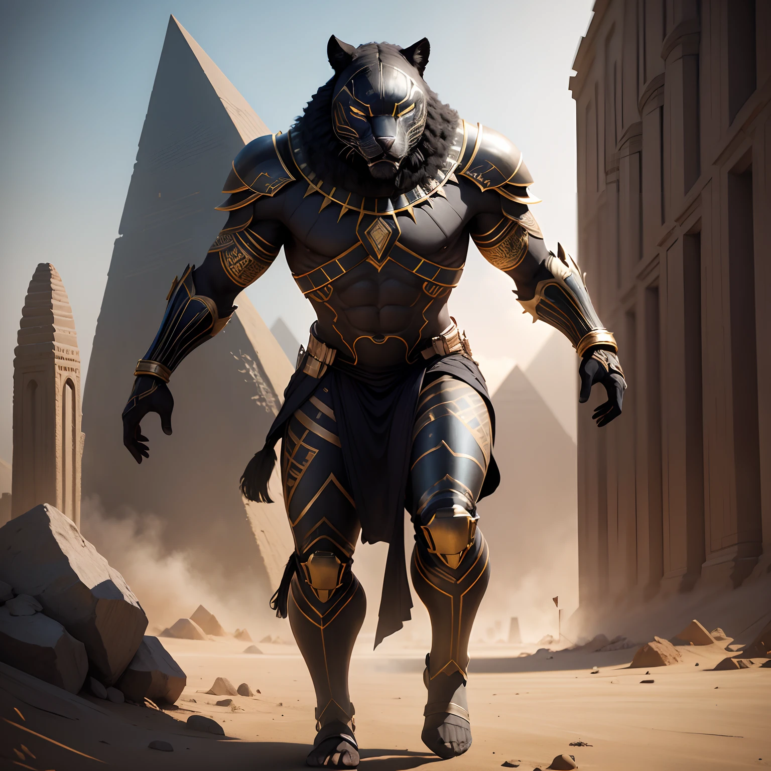 Egyptian Black Panther warrior in realistic 4K full body armor,Pyramids,Super Detailed, Vray Display, Unrealistic engine, Midjourney Art Style.