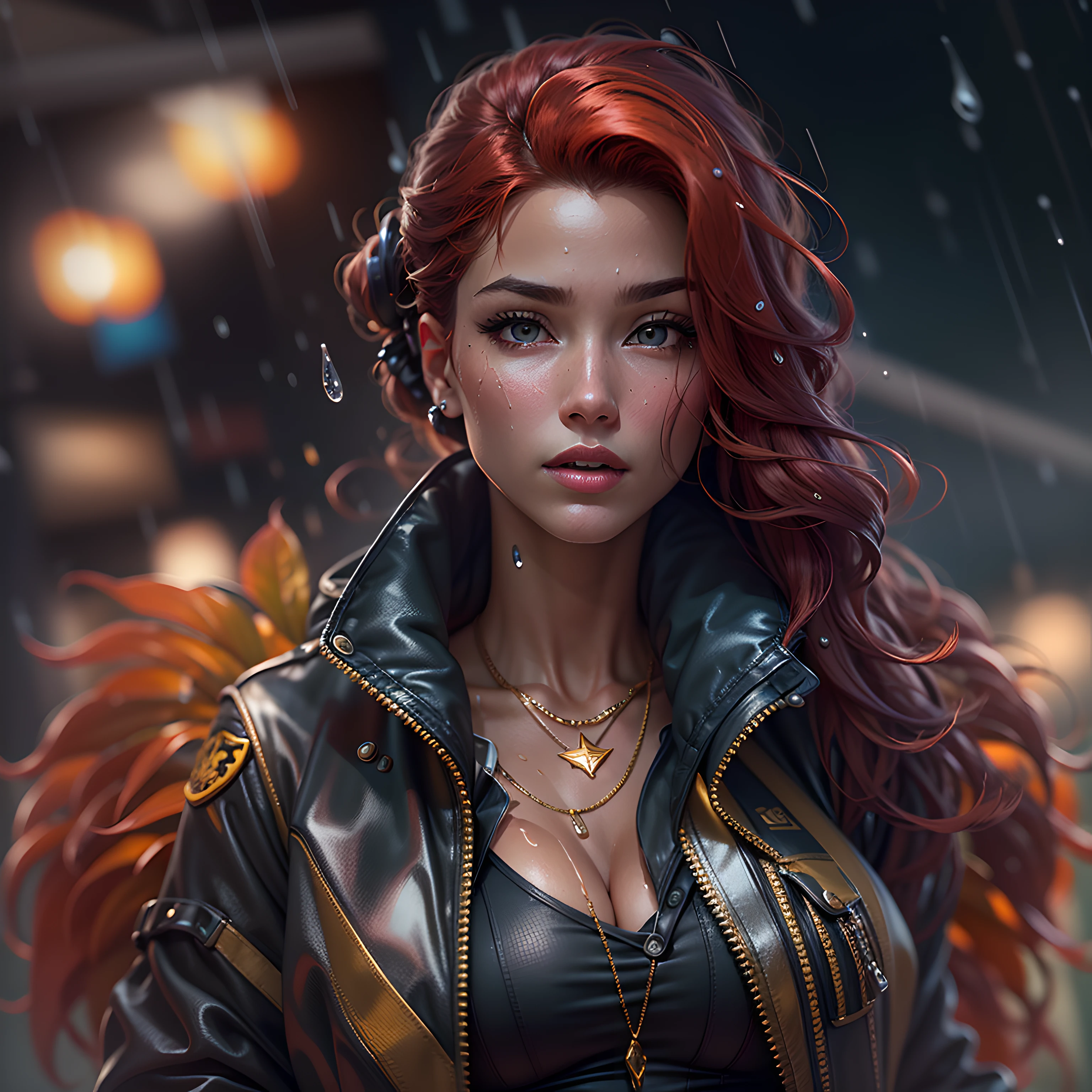 Kim Possible looks stunning in her tropical maid outfit. The outfit's intricate details, rendered with realistic textures and reflections, stand out. The raindrops on Kim's jacket are so intricately rendered that you can almost feel them. The reflections on her shiny outfit are crisp, allowing you to see your own reflection. Holding a white styrofoam cup filled with a purple drink, Kim adds a modern touch to the scene. With her back to the viewer, she exudes an alluring aura of mystery, her iconic red hair swaying gently. The futuristic background showcases a parking lot full of top-of-the-line supercars, emphasizing Kim's high-class persona. This image is a masterpiece, boasting impeccable quality and ultra-detailed features that showcase the artist's superb craftsmanship. Utilizing the latest technology in rendering, the result is a stunningly realistic portrayal of Kim's outfit, complete with reflections and raindrops on her black Montclair jacket, along with her gold chain and jewelry. Kim's tropical maid figure is beautifully captured in this visually striking work of art. She wears a black puffer jacket, with a gold necklace around her neck, and her head facing the viewer. She appears wet from the rain and sports aviator-style sunglasses. The background must be a parking lot or a town with a grey color pallet. low angle shot looking up.