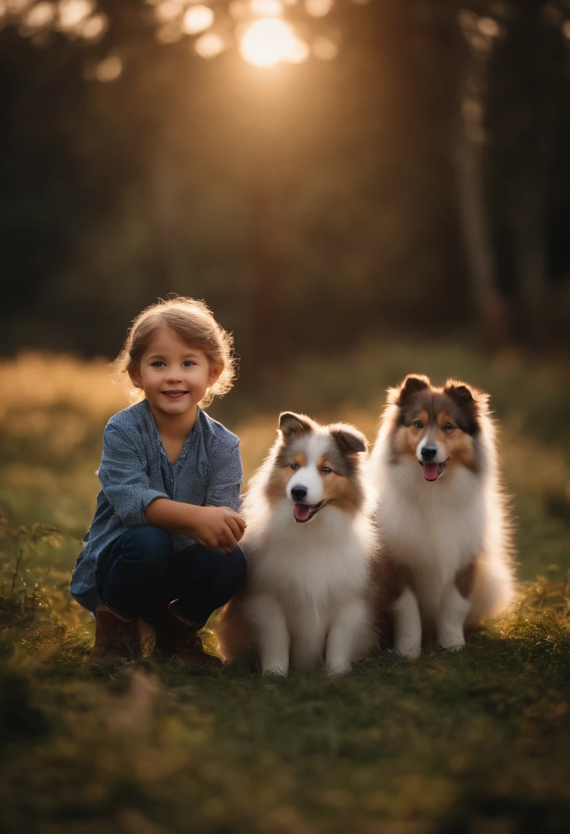 Take a picture of a happy  with three shetland sheepdogs, samoieda e husky siberiano com a pelagem longa