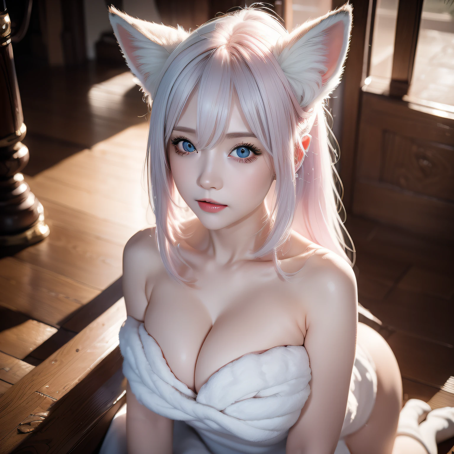 full body, (Naked:1.5), Two Miss Fox Demons,Fox Devil Fox Years White Hair Girl,Sexy and feminine,Fluffy fox ears,fox tails,No ears,reddish tones,The beauty of fox ears alone,Cover chest,Clan girls,Fox's eye,Enchanted,Charming,16 K, best qualtiy, tmasterpiece, Raised sexy, Highly detailed face and eyes, professional make up, ,, glow blue eyes,Pink-haired girl with fox ears、Camera angle from above、Looking here、