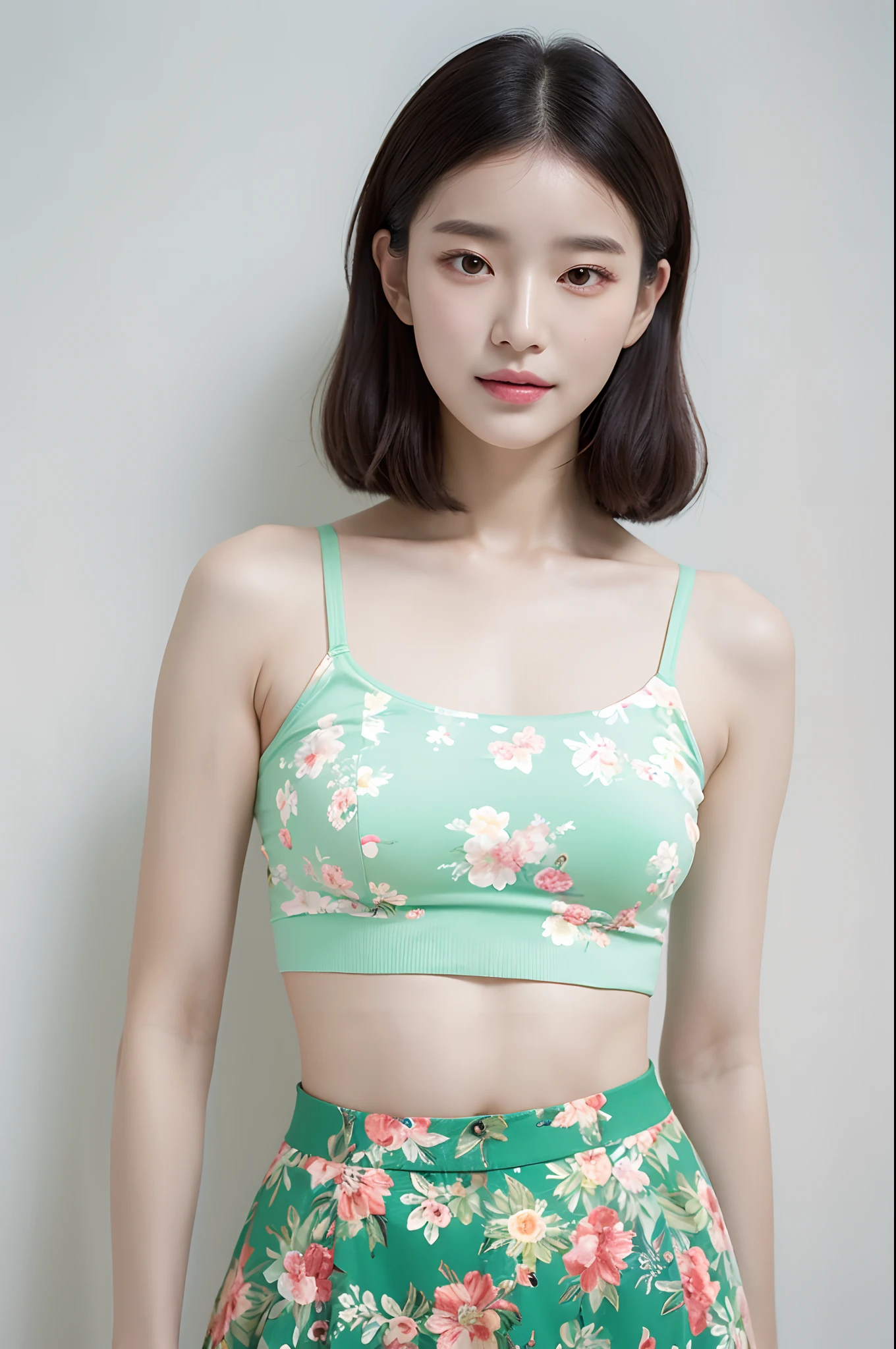 a woman in a floral crop top and mint skirt posing for a picture, croptop, crop top, bralette, wearing white camisole, bae suzy, wearing a camisole, physical : tinyest midriff ever, gorgeous young korean woman, heonhwa choe, cutecore, lulu chen, reluvy5213