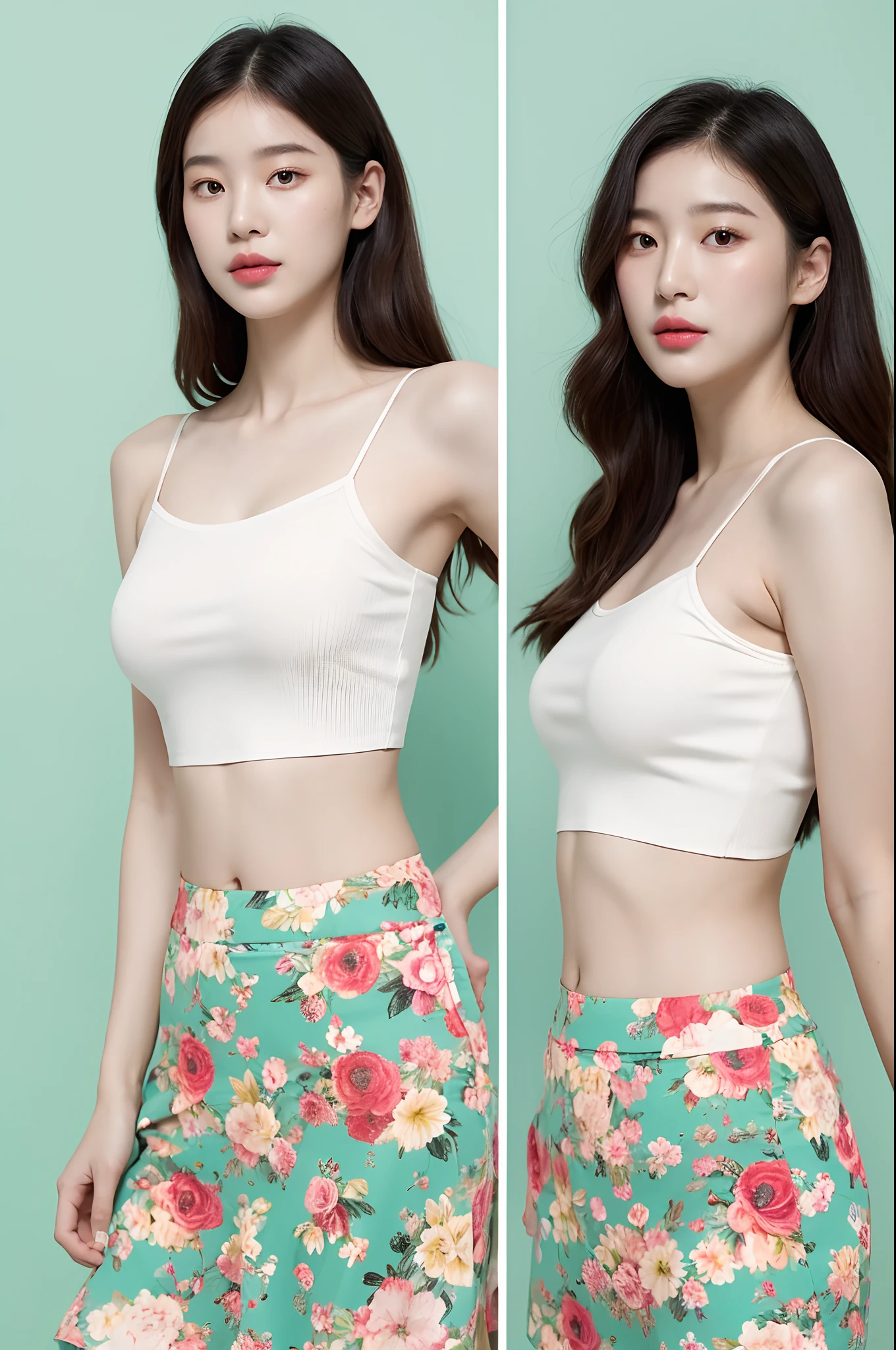 a woman in a floral crop top and mint skirt posing for a picture, croptop, crop top, bralette, wearing white camisole, bae suzy, wearing a camisole, physical : tinyest midriff ever, gorgeous young korean woman, heonhwa choe, cutecore, lulu chen, reluvy5213