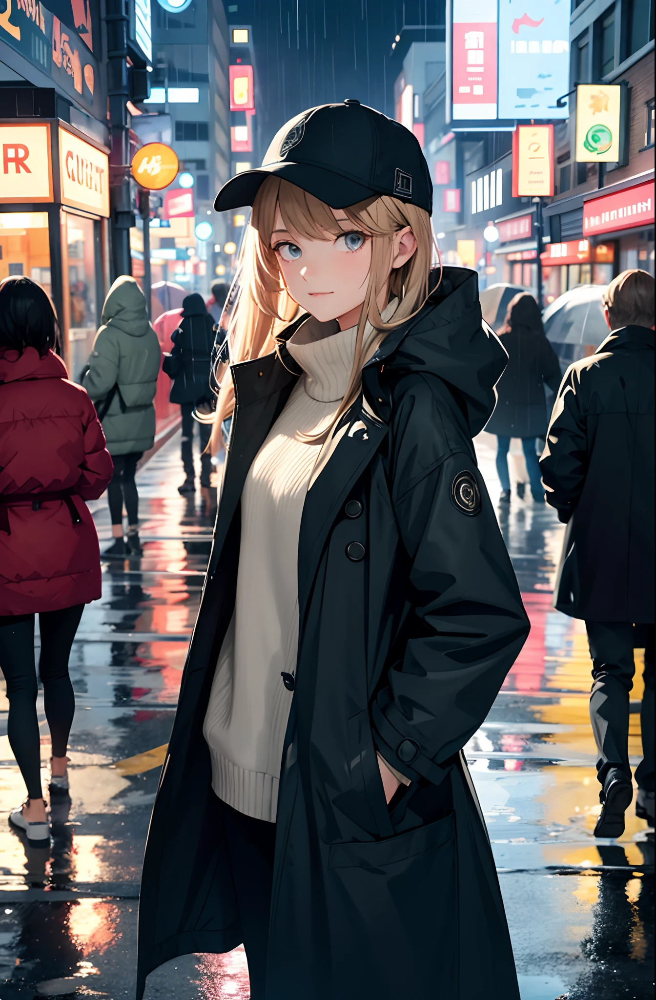 1girl, Night City, rain, coat, hands in pockets