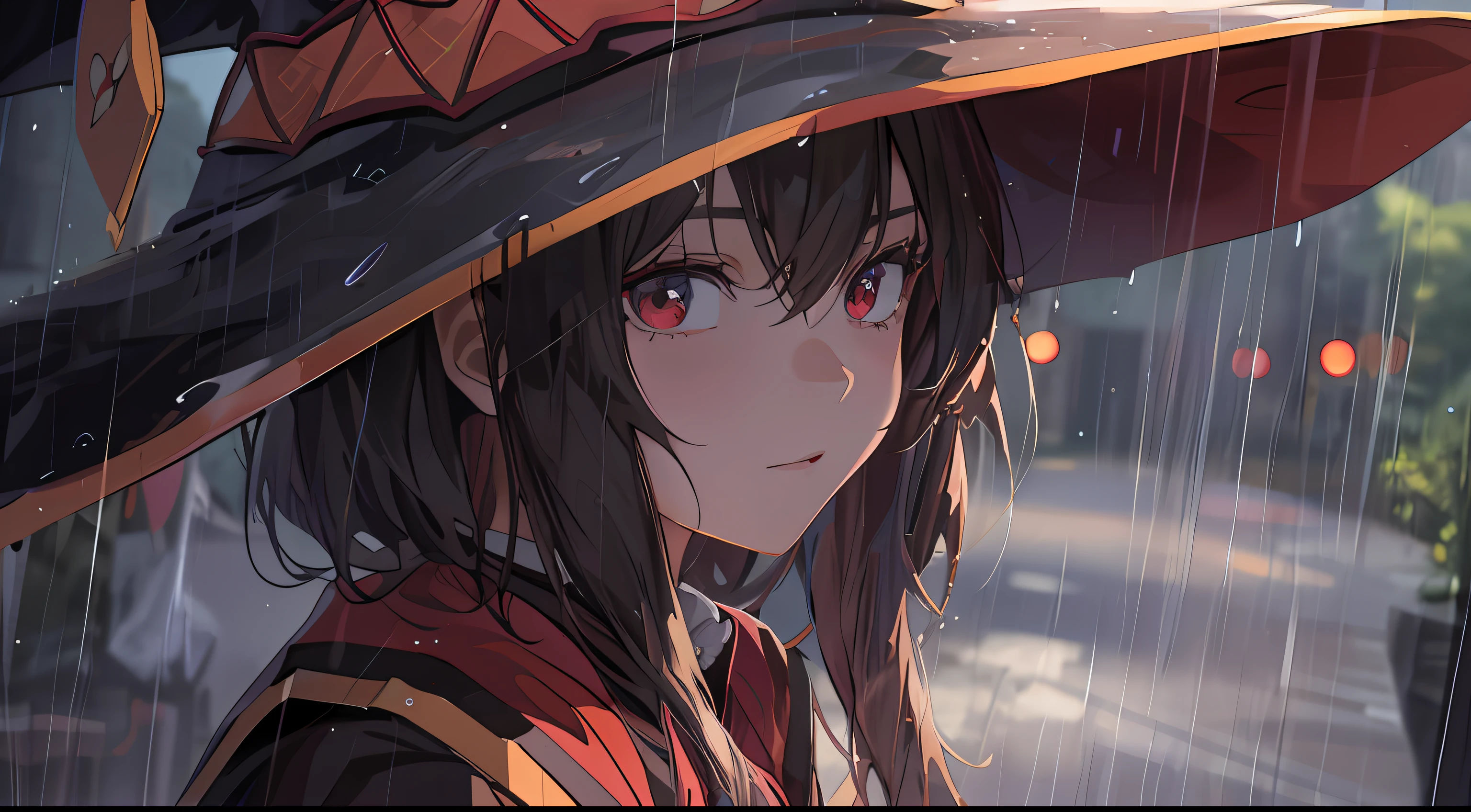 anime girl in a witch hat in the rain, anime style 4 k, 4k anime wallpaper, anime art wallpaper 4k, anime art wallpaper 4 k, anime wallpaper 4k, anime wallpaper 4 k, anime art wallpaper 8 k, megumin, ryuko matoi, badass anime 8 k, detailed digital anime art, 4 k manga wallpaper