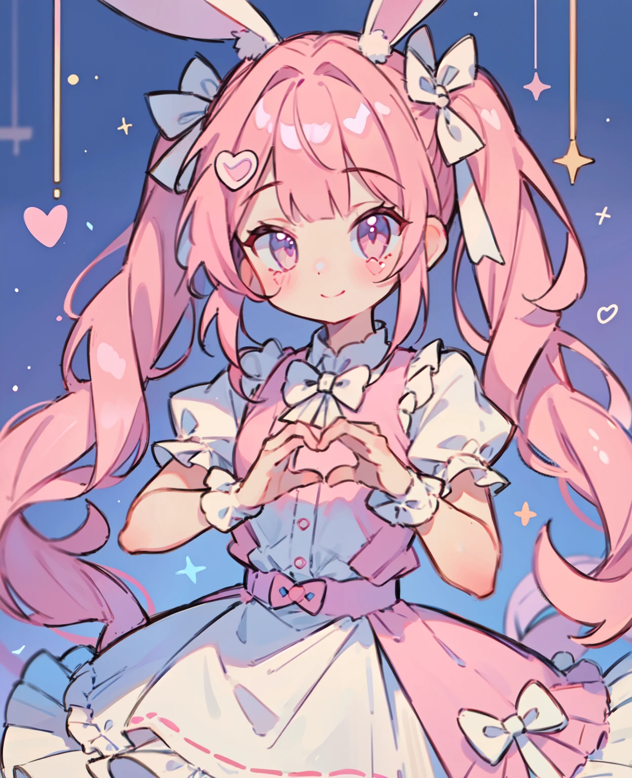 1girl in, pinkhair, long twintail, Pink blouse, Fluffy collar, White and fluffy skirt, Making hearts with your hands, White ribbon on hair, Lots of hair ornaments, Lolita, a smile, Small rabbit ears