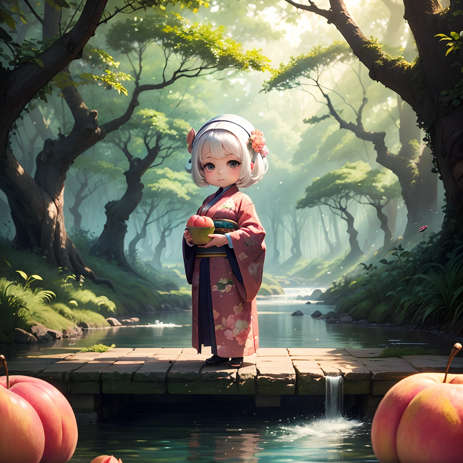 masterpiece、top-quality、ultra-detailliert、(Chibi Old Woman:1.2)、80-year-old female solo、dark kimono、Laundry basket、(Fairytale forest river:1.2)、(Big Peach:1.3)