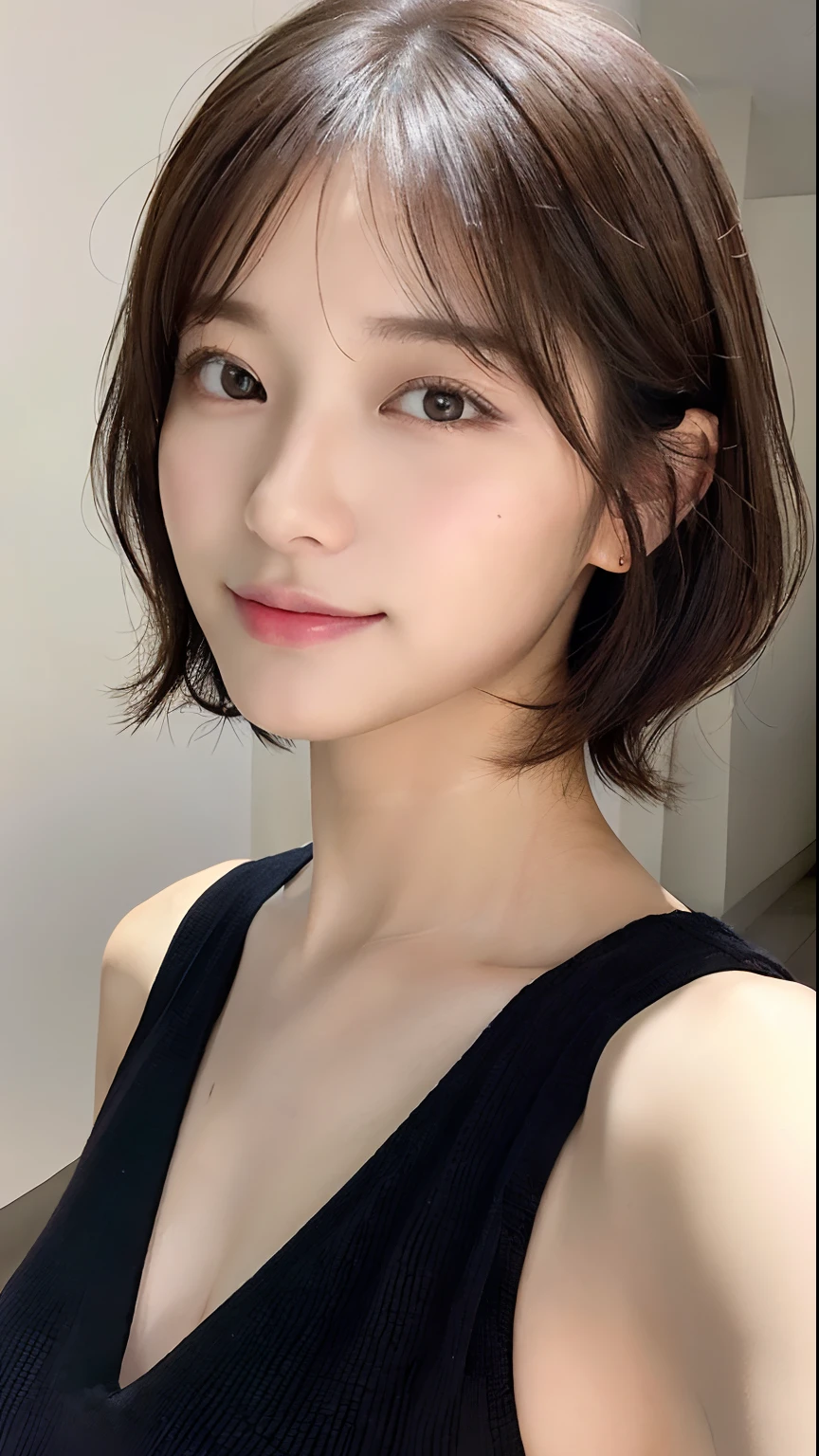 ((Best Quality, 8K, Masterpiece: 1.3)), 1 Girl, Slim Abs Beauty: 1.3, (Hairstyle Brown Hair Shortcut, Big: 1.2), Dress: 1.1, Super Slender Face, Delicate Eyes, Double Eyelids, Smile, Home, Raw Photo