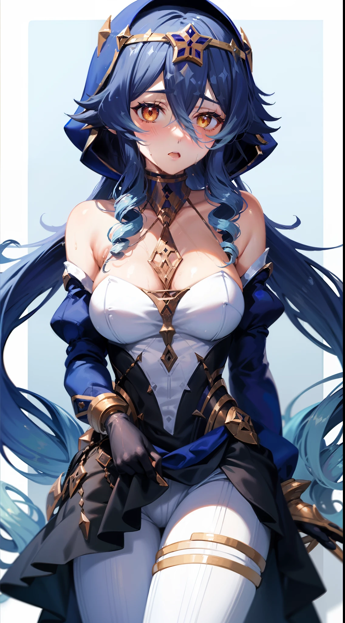 1girl,Layla,tsurime,blush,open mouth,small lady serenity,a dress with long sleeves,shoulder,sweating,wet clothes
